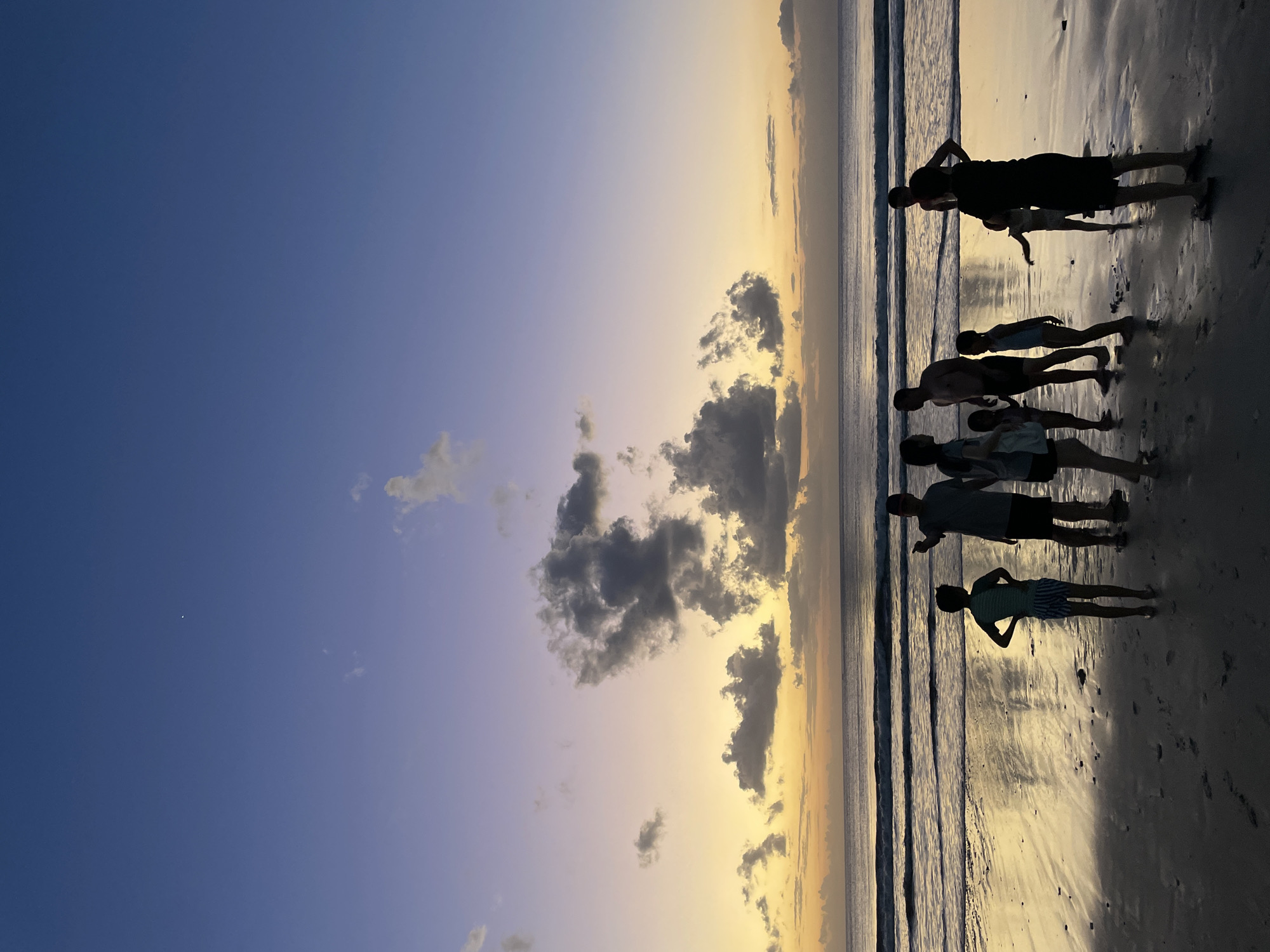 A group of eight people, appearing to be a family with children, are silhouetted on a wet sandy beach at dusk. They are positioned near the edge of the ocean, with gentle waves lapping the shore. The sky displays a gradient of twilight colors, transitioning from deep blue at the top to soft purples and yellows near the horizon, where the sun has recently set. Scattered clouds are visible in the sky. The wet sand reflects the colors of the sky, creating a shimmering effect. The individuals are casually dressed, some in swimwear, and appear to be interacting with each other, with some looking towards the water and others engaged in conversation. The scene suggests a peaceful evening spent by the sea in Kuta Selatan, Indonesia.