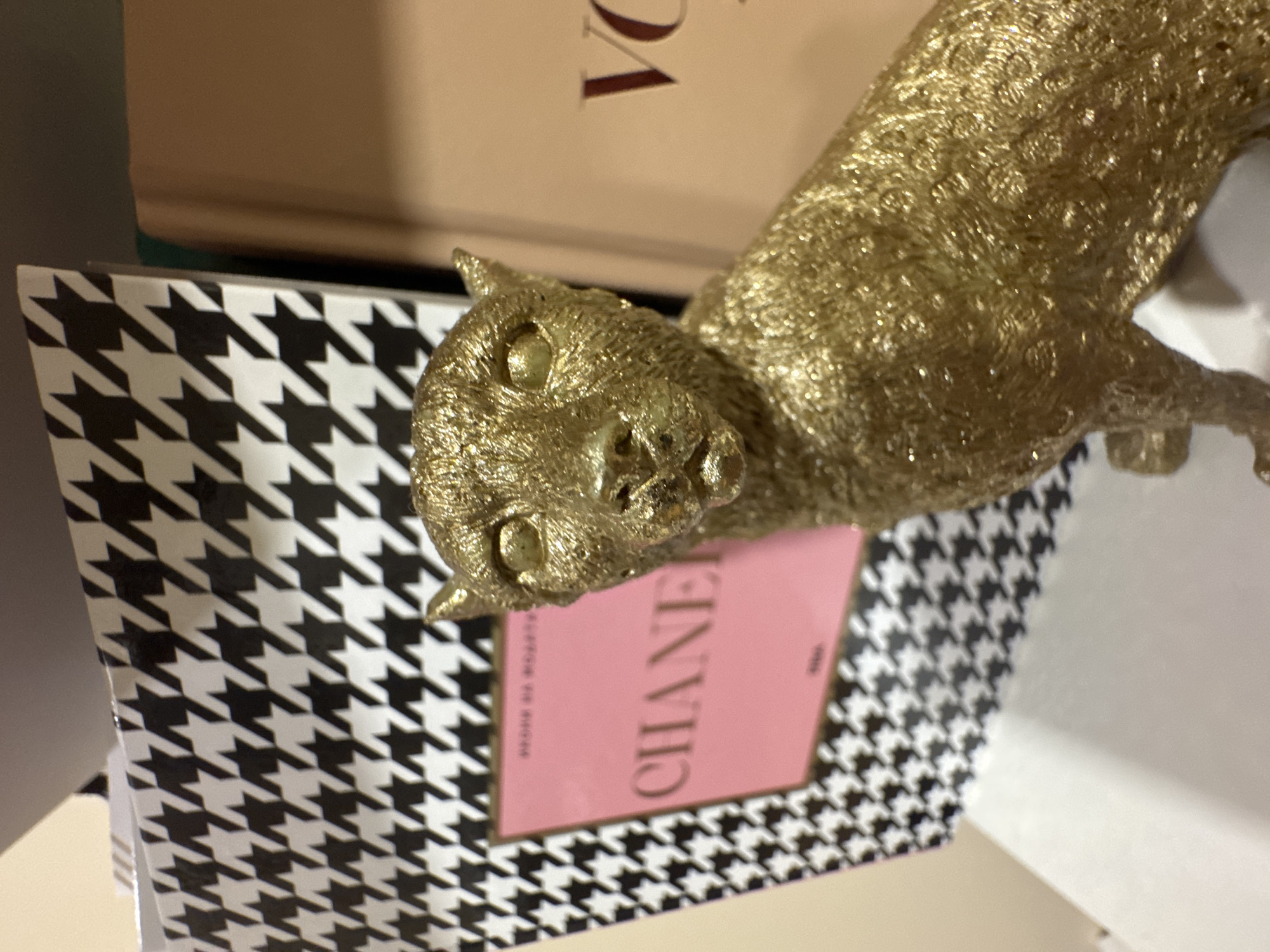 An indoor scene depicts an arrangement of decorative objects on a white surface. In the foreground, positioned right of center, is a gold-colored, textured figurine of a sitting feline, resembling a jaguar or cheetah. Its surface is reflective, appearing glittered or metallic. Behind the figurine and to its left stands a rectangular object, possibly a book or decorative box, adorned with a black and white houndstooth pattern. A pink section on this object reveals the partially visible word "CHANEL" in an elegant typeface. To the right of the houndstooth object, a beige or light brown rectangular object, likely another book or box, displays the partially visible word "VOGUE" in dark lettering. No individuals are present. The environment appears to be a well-lit interior, possibly a shelf or display area. The specific location within Sofia, Bulgaria, cannot be determined from the visual information provided.