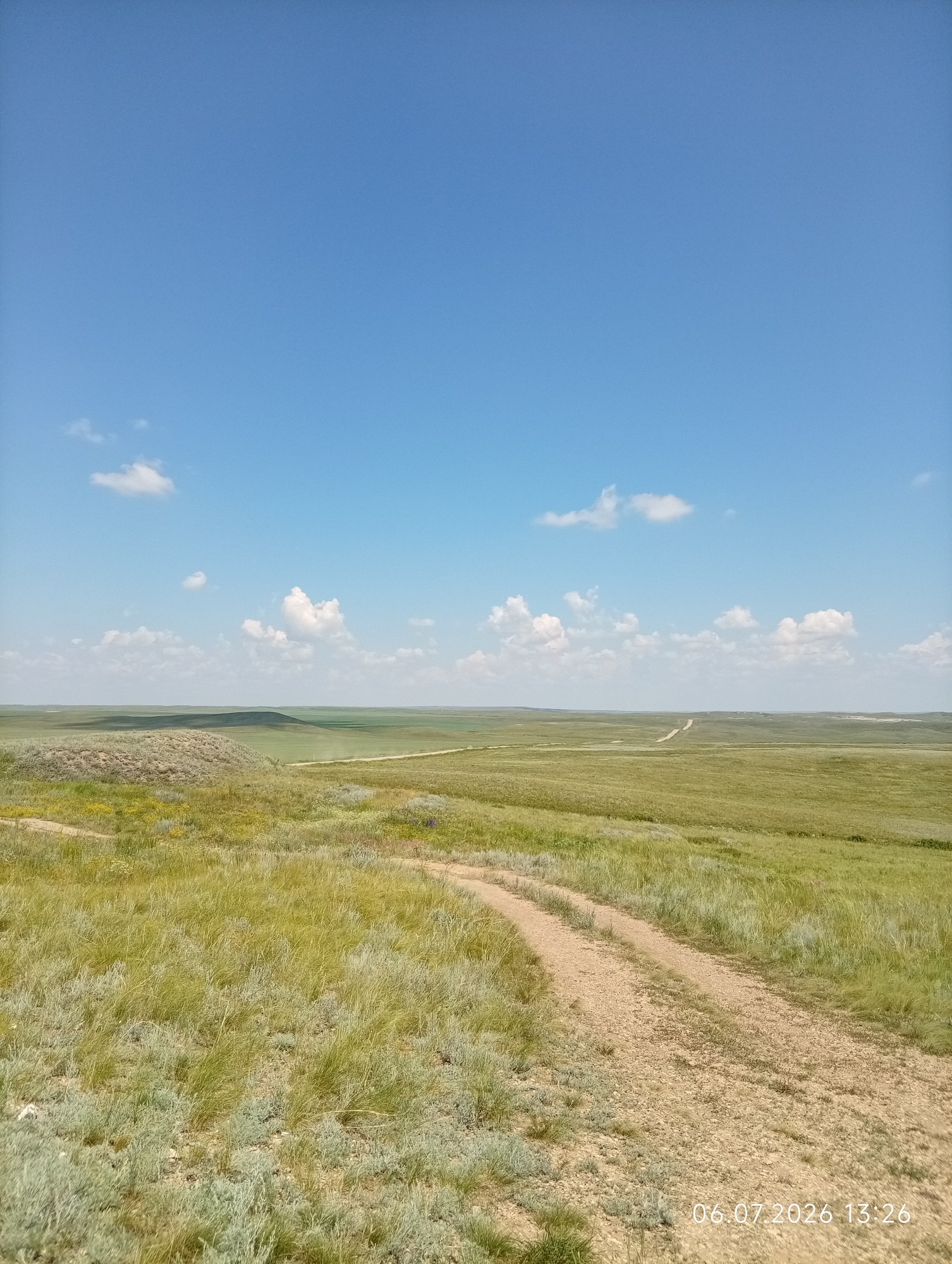 A wide shot captures a vast, rolling steppe landscape under a clear blue sky with scattered white clouds. A dirt road curves through the foreground, leading into the distance and disappearing over the horizon. The terrain is covered in dry, green and grey vegetation, indicative of a semi-arid environment. In the mid-ground, a gentle rise in the land creates a shadow, contrasting with the sunlit fields. The overall scene depicts a remote, undeveloped area, consistent with the rural outskirts of Aleksandrovka, Kazakhstan. A timestamp in the lower right corner reads "06.07.2026 13:26".