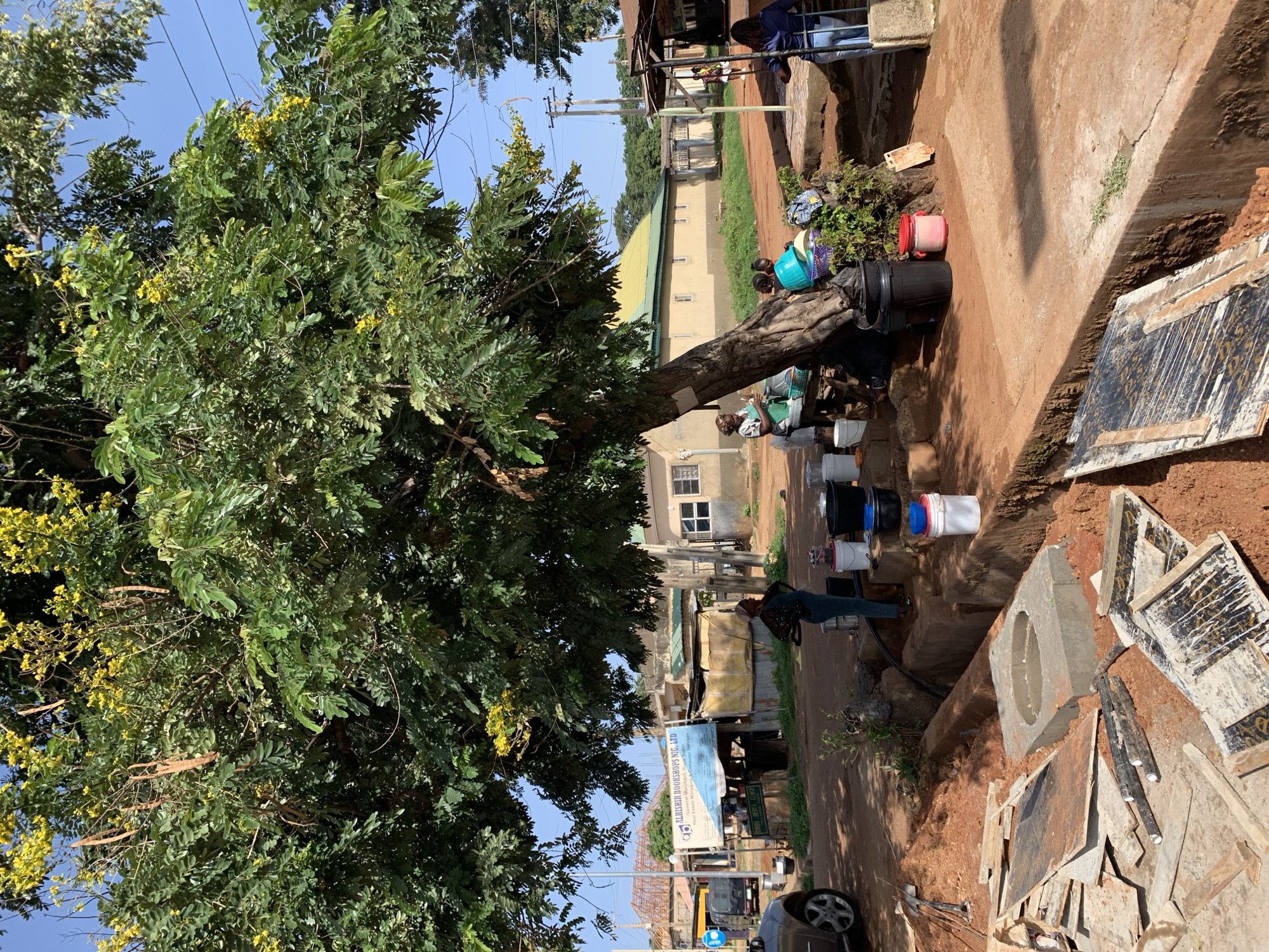 This outdoor scene, set in New Stadium, Nigeria, captures a sunny day in what appears to be a residential or semi-commercial area. A large, verdant tree with numerous yellow flowers and distinctive long, flat brown seed pods dominates the left side of the frame, providing shade over a reddish-brown dirt path.
Several individuals are visible, engaged in daily activities. Near the base of the large tree, a woman wearing a green and white patterned top and headscarf is seen amidst an array of colorful water buckets, including black, white, blue, and red containers, suggesting water collection or distribution. Another person is further along the path, also near water buckets. Towards the upper right, two more individuals are standing on a raised concrete area, one leaning on a railing.
The ground transitions from dirt to concrete paths and platforms. On the right side, various construction materials are laid out, including large concrete slabs, a prominent concrete block with a circular opening, and stacks of dark, patterned tiles, indicating ongoing building or renovation work. In the background, several modest buildings with light-colored walls and green or yellow roofs are visible under a clear, blue sky. Utility poles and overhead wires stretch across the scene. A dark car is partially visible on the far left, near the bottom.
A notable feature is a blue rectangular sign with white text, situated towards the center. It clearly reads: "ALBISHIR BOOKSHOPS NIG. LTD" followed by "General Booksellers, Stationery Suppliers, Photocopying Services". Below this, partially obscured, is an address mentioning "Bello Road, Opp. Jum... Mosque, Tudun Wada, Zaria." The bright light suggests it is midday or early afternoon.