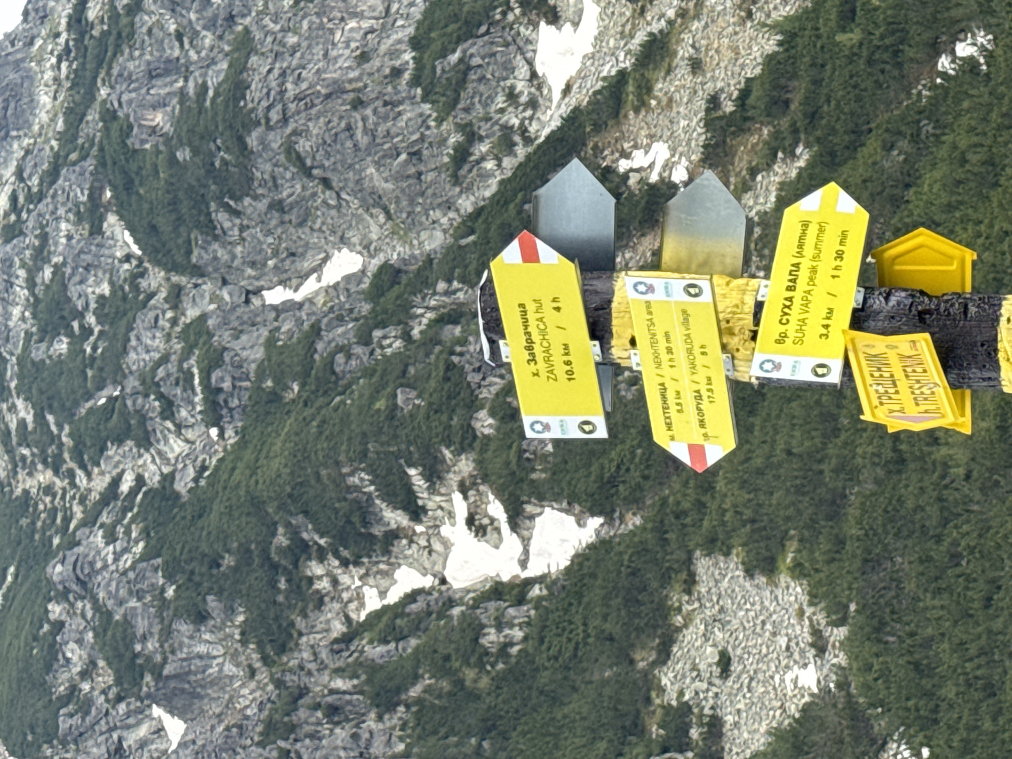 The image shows a signpost with multiple directional signs pointing to various locations in a mountainous area. The signs are predominantly yellow with black text and red and white directional markers. One sign reads "х. Забрачища ZAVRACHICA hut 10.6 km / 4 h". Another sign indicates "м. НЕХТЕНИТСА / NEKHTENITSA area 5.5 km / 1 h 30 min" and "гр. ЯКОРУДА / YAKORUDA village 17.5 km / 5 h". A third sign points towards "вр. СУХА ВАЛА (лятна) SUHA VAPA peak (summer) 3.4 km / 1 h 30 min". A partially visible sign at the bottom reads "Х. ТРЕЩЕНИК / H. TRESHTENIK". The background consists of a steep, rocky mountain slope covered in patches of green vegetation and snow. The lighting suggests it is daytime, with the sun illuminating the scene. The image is taken from a slightly low angle, looking up towards the mountains. This signpost is located in the Rila Mountains, near the village of Avramovo, Bulgaria, indicating hiking routes and distances to various natural landmarks and settlements. There are no people visible in the frame.
