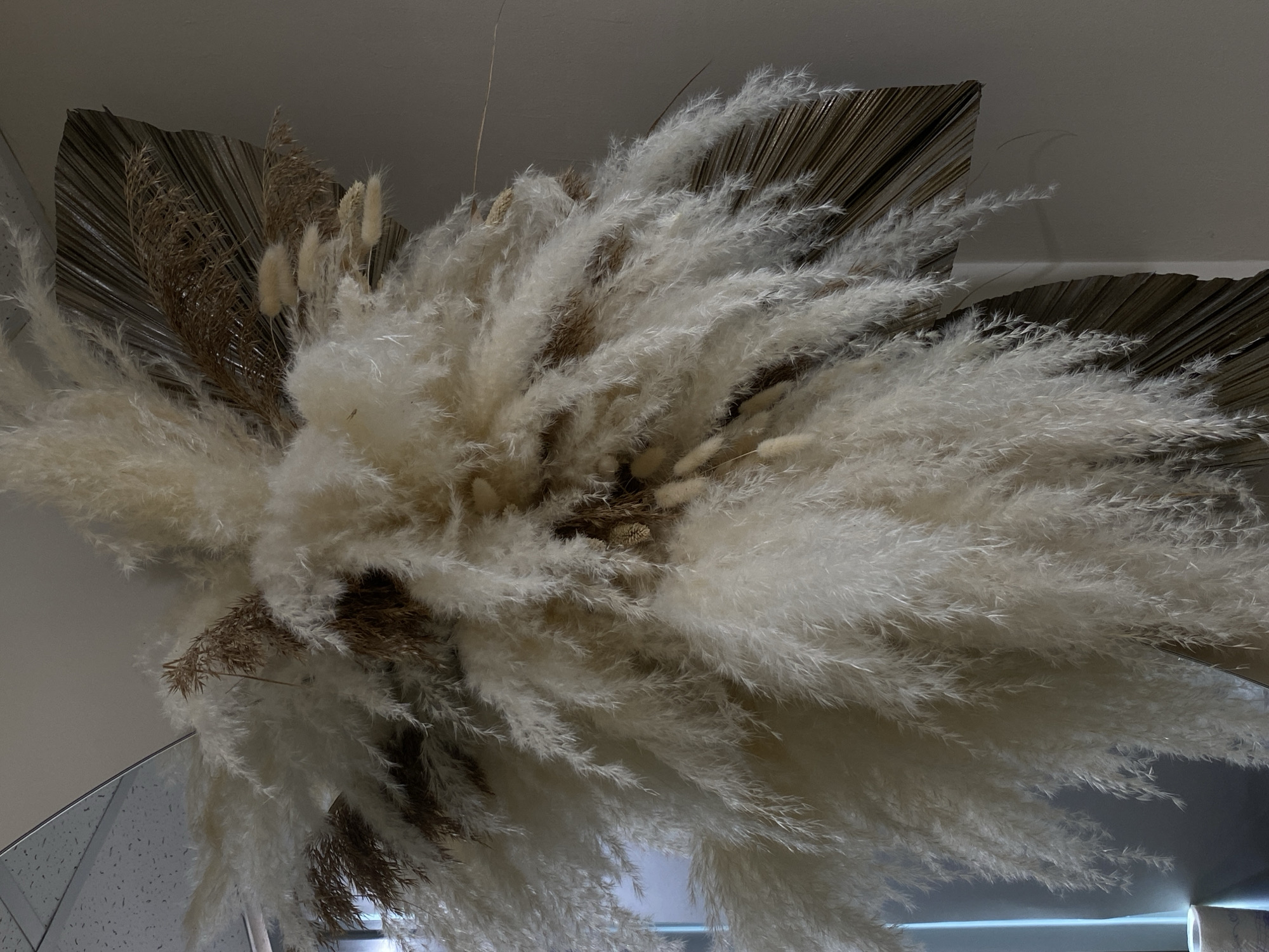 The image shows a large floral arrangement, possibly a hanging decoration, predominantly composed of fluffy white plumes resembling pampas grass. Accents of dried brown palm fronds and other dried floral elements are interspersed within the arrangement, adding texture and contrast. The lighting is soft and indirect. The photo is likely taken from below, looking up at the arrangement, capturing it against a neutral background, possibly a ceiling or wall. The location of Sochi, Russia, is not evident within the image; no identifying features are present to connect the image to that specific location.