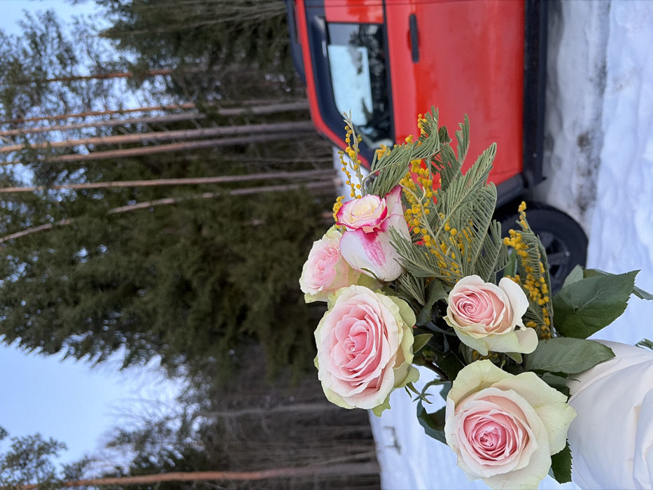 A person's gloved hand holds a bouquet of flowers in a snowy, forested environment near Vaskelovo, Russia. The bouquet consists primarily of light pink roses with some pale green outer petals, interspersed with bright yellow mimosa flowers and dark green coniferous foliage. In the midground, partially visible on the right, is a red sport utility vehicle (SUV) parked in the snow. The vehicle features black trim around its windows and a black tire visible at the bottom. The background consists of a dense forest with tall evergreen trees and some bare deciduous trees under a light blue sky. The ground is uniformly covered with white snow.