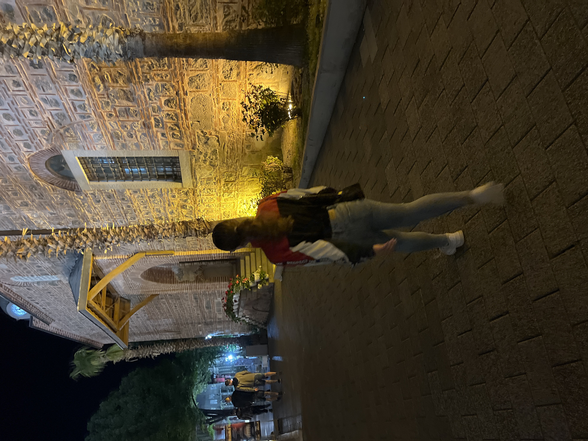 The image shows a scene at night in Plovdiv, Bulgaria, next to the Dzhumaya Mosque. A person is walking on a brick pavement beside the mosque. Other pedestrians are visible in the background near shops. The mosque's brick facade is illuminated, showcasing its architectural details, including a window with bars. Vegetation, including a tree and some bushes, are also lit up. The sky is dark and visible above trees and building silhouettes.