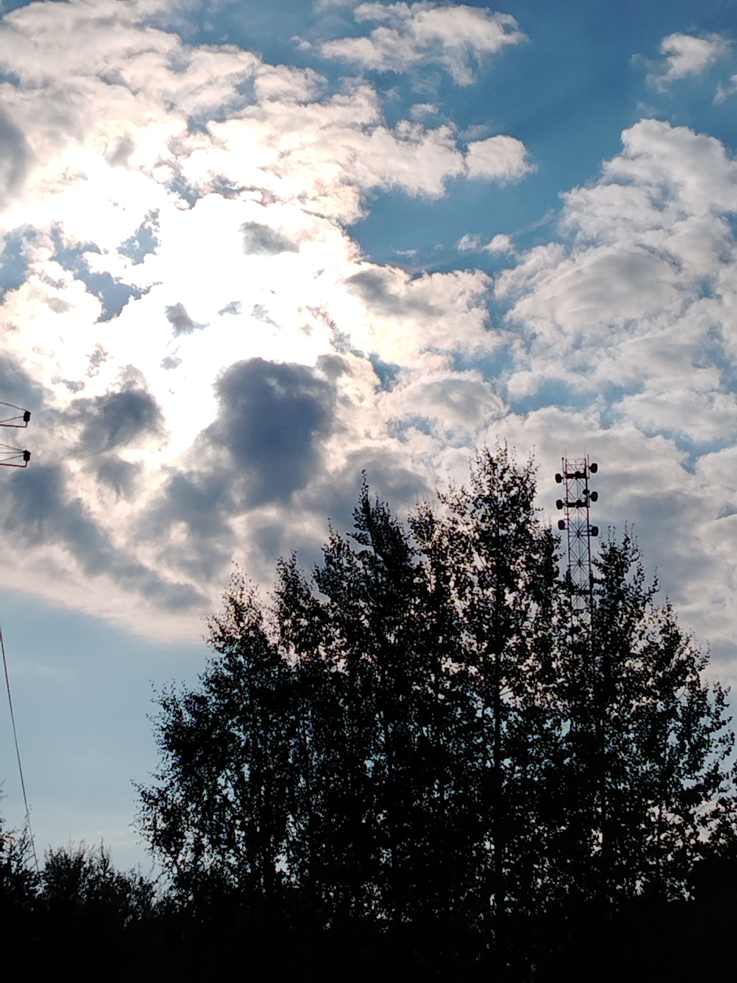 The image depicts a telecommunications tower silhouetted against a cloudy sky and the dark foliage of trees. The sun is partially obscured by clouds, creating a bright halo effect. The tower is a lattice structure with multiple antennas at different levels. The trees in the foreground are dense and appear to be deciduous, with their leaves forming a dark, textured mass. The sky is a mix of bright white clouds and patches of blue. The scene suggests an outdoor environment, possibly on the outskirts of a city or in a rural area. There are no people or animals visible in the image, and no discernible actions are taking place. The composition is dominated by the strong contrast between the bright sky and the dark silhouettes of the tower and trees.