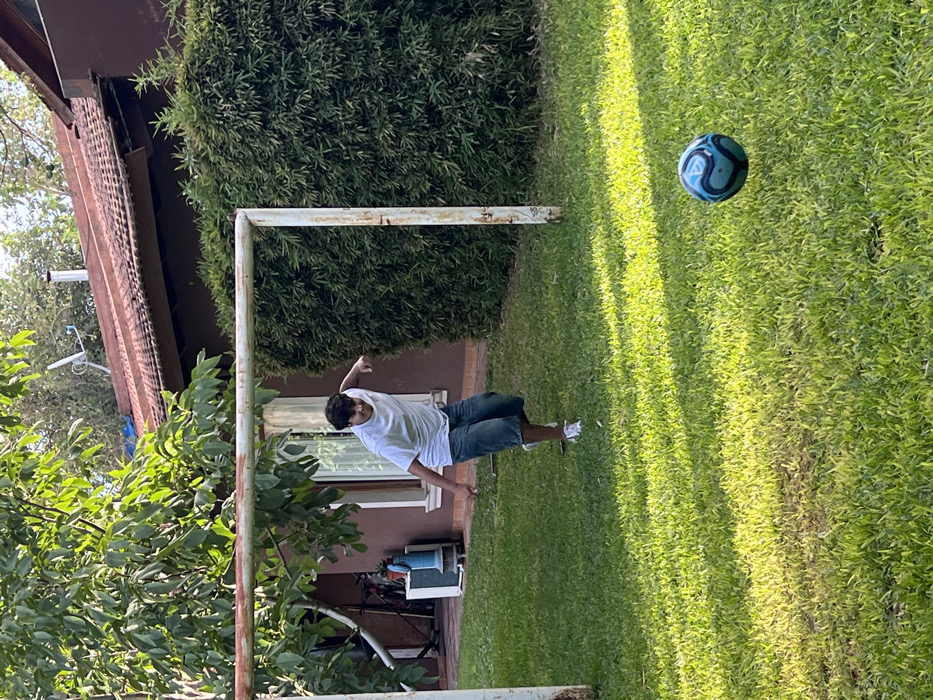 A young man in a white t-shirt and denim shorts points towards a blue soccer ball in mid-air. He stands on a green lawn near a weathered white metal goalpost. Behind him, a building with a brown roof and windows is partially obscured by lush green foliage. Sunlight casts shadows on the grass, suggesting a bright, sunny day.