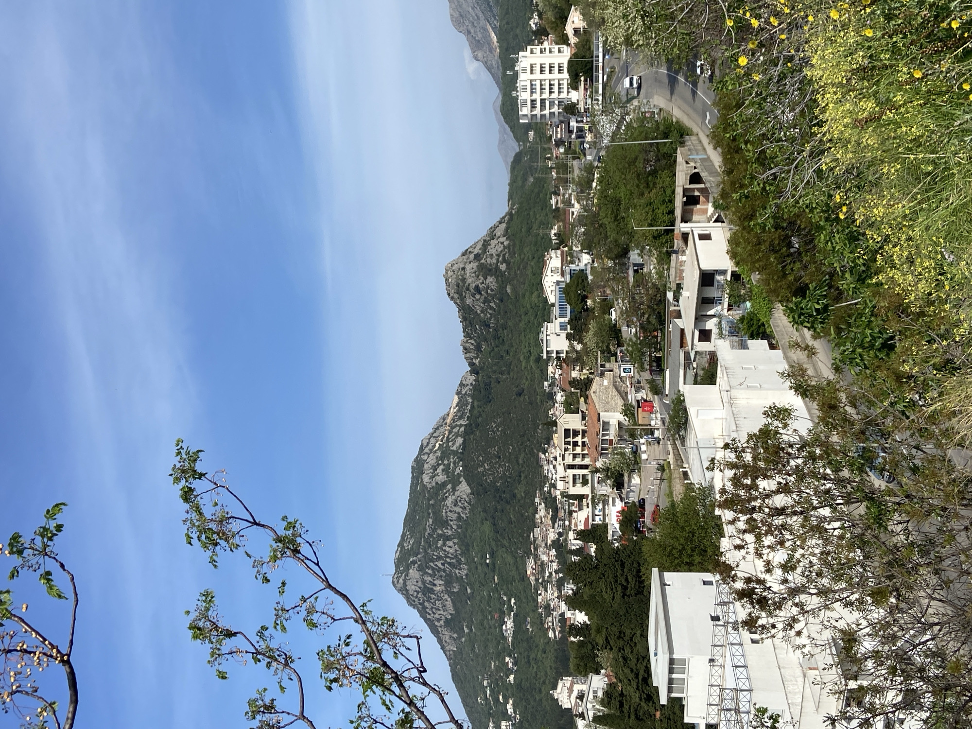 The image shows a view of Sutomore, Montenegro, with mountains rising behind a densely populated area of white buildings and greenery. A road winds through the built-up area. The sky is blue with some clouds. Trees frame parts of the image, with some yellow flowers visible on the right side.