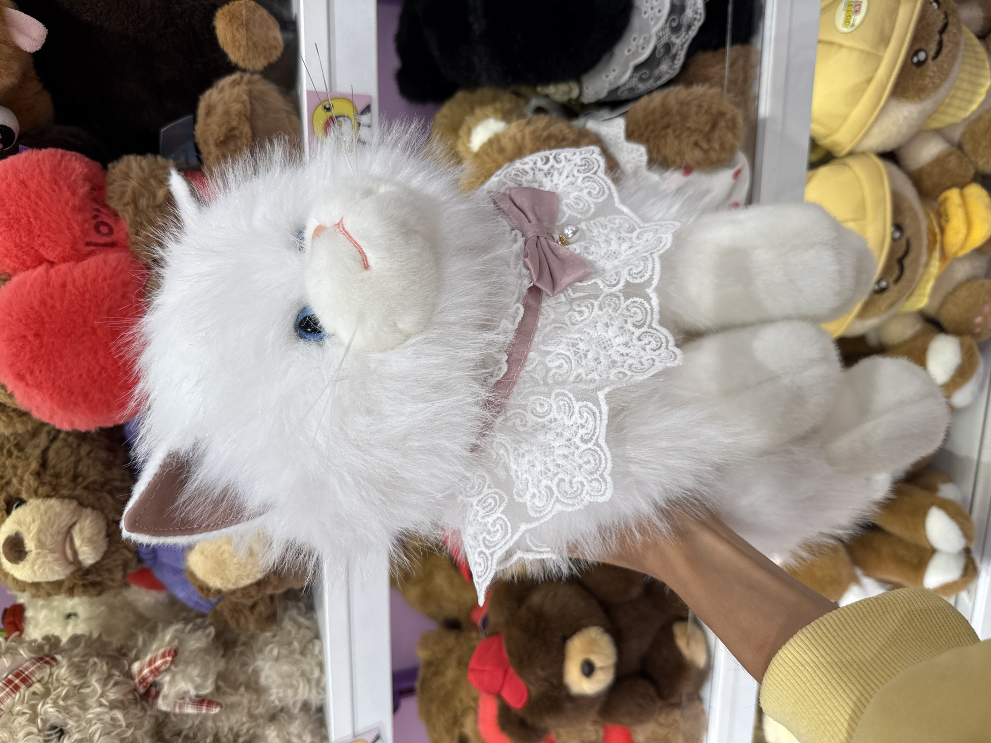A person's arm, wearing a yellow sleeve, is holding a fluffy white stuffed cat with blue eyes and a pink bow. The cat is wearing a white lace collar with pink trim. The background shows shelves filled with various stuffed animals, including teddy bears of different colors and sizes. Some of the stuffed animals have red bows or hats. The overall scene appears to be a retail environment, likely a toy store or a section of a department store. The image does not provide any specific information or visual cues that would allow for the identification of its location in Yaroslavl, Russia.