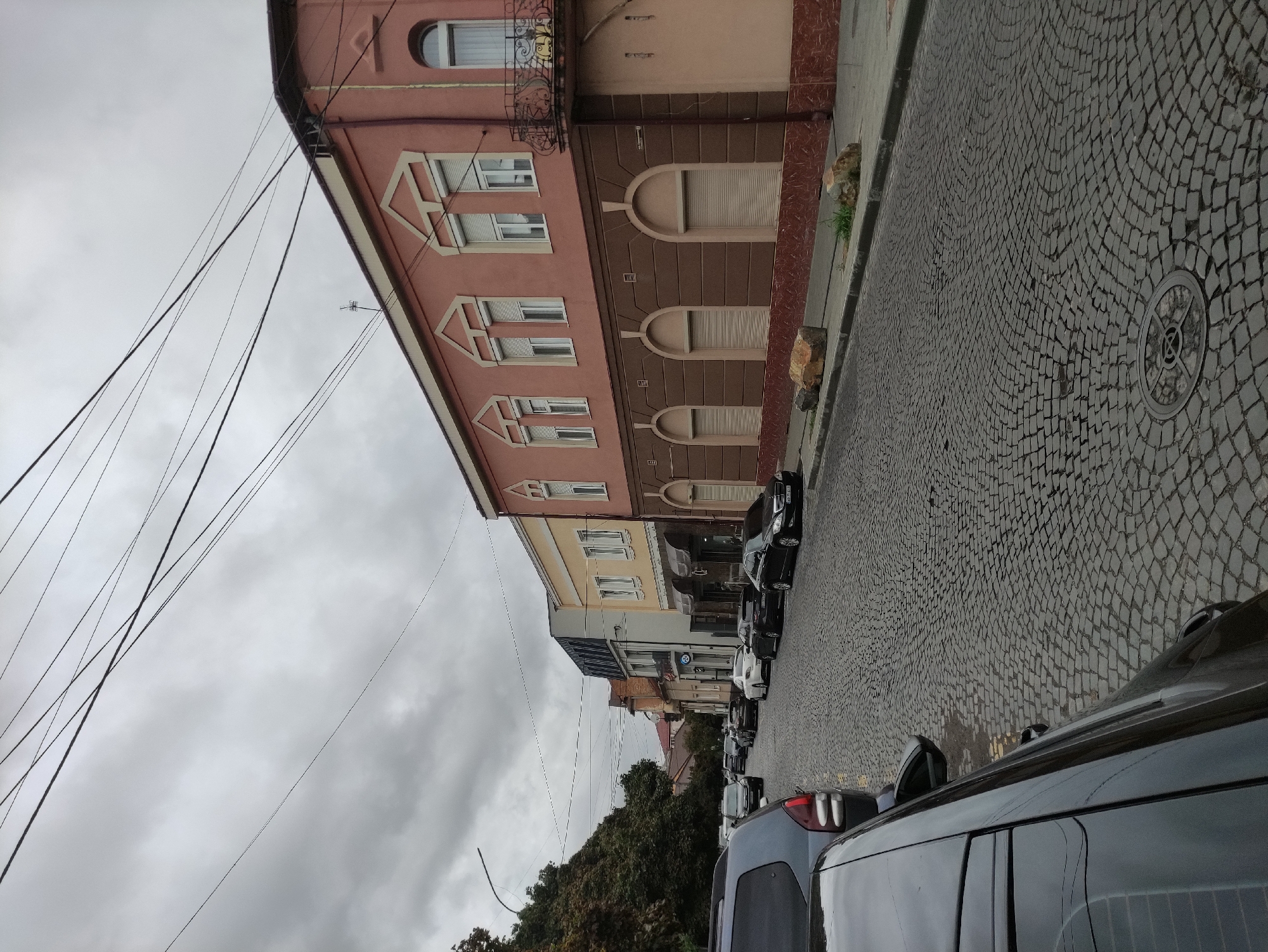 The image depicts a street in Mukachevo, Ukraine, characterized by its cobblestone pavement and lined with multi-story buildings. A cloudy sky dominates the upper portion of the frame, with numerous overhead wires crisscrossing the sky. The buildings on the right side of the street are of varying architectural styles and colors, with the closest one being a prominent salmon-pink structure with decorative white trim around its arched windows and a wrought-iron balcony. Several cars are parked along the street, and trees are visible on the left side, suggesting an urban or semi-urban setting. The scene appears to be captured during daylight hours, with a somewhat overcast atmosphere.