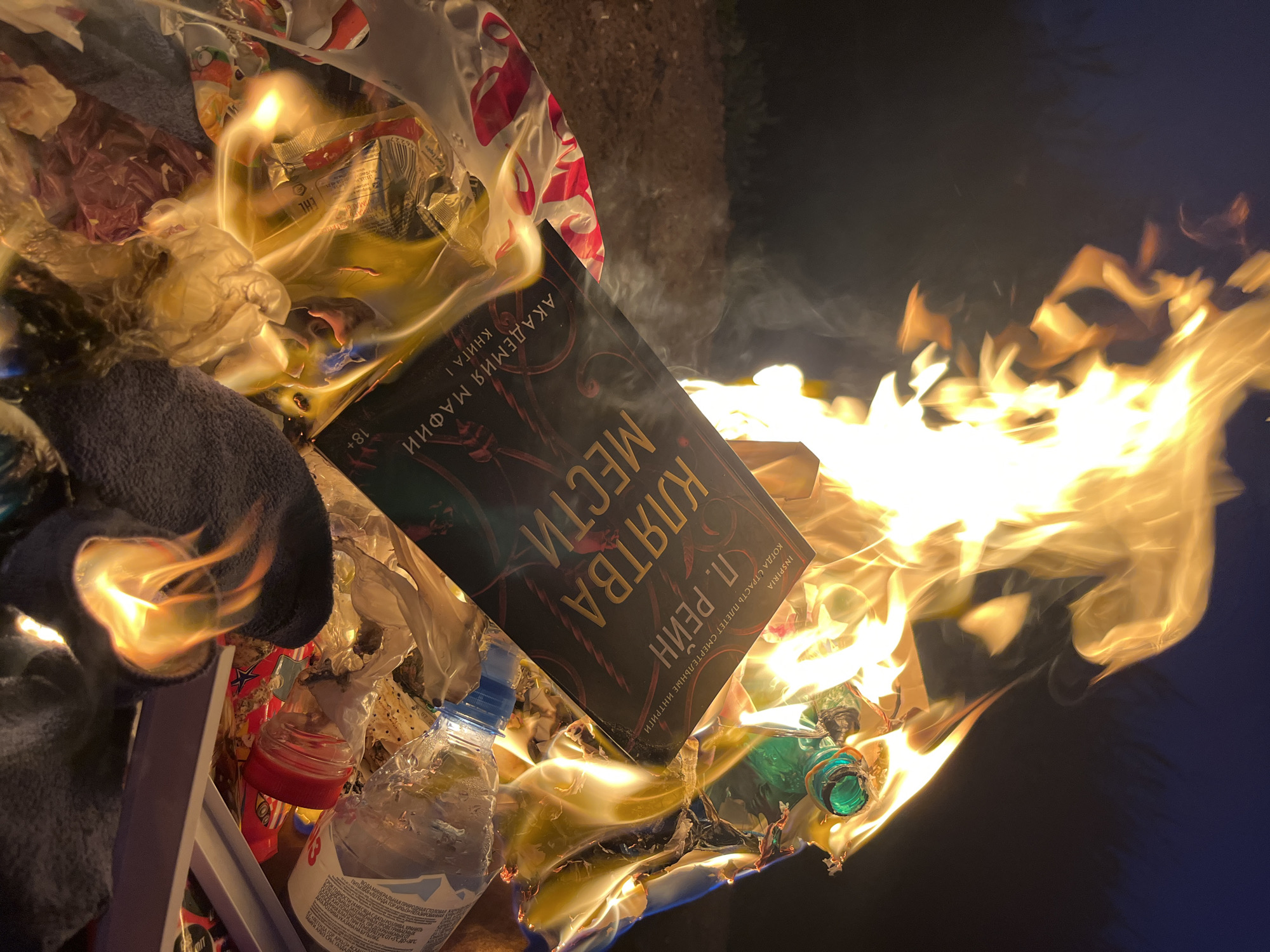 The image shows a book titled "Oath of Vengeance" by P. Reign, part of the "Mafia Academy" series, engulfed in flames amidst a pile of trash. The book and trash are sitting in a container. The scene includes various discarded items such as plastic containers, packaging, and a cloth. There is no indication of the location being Kaspiysk, Russia.