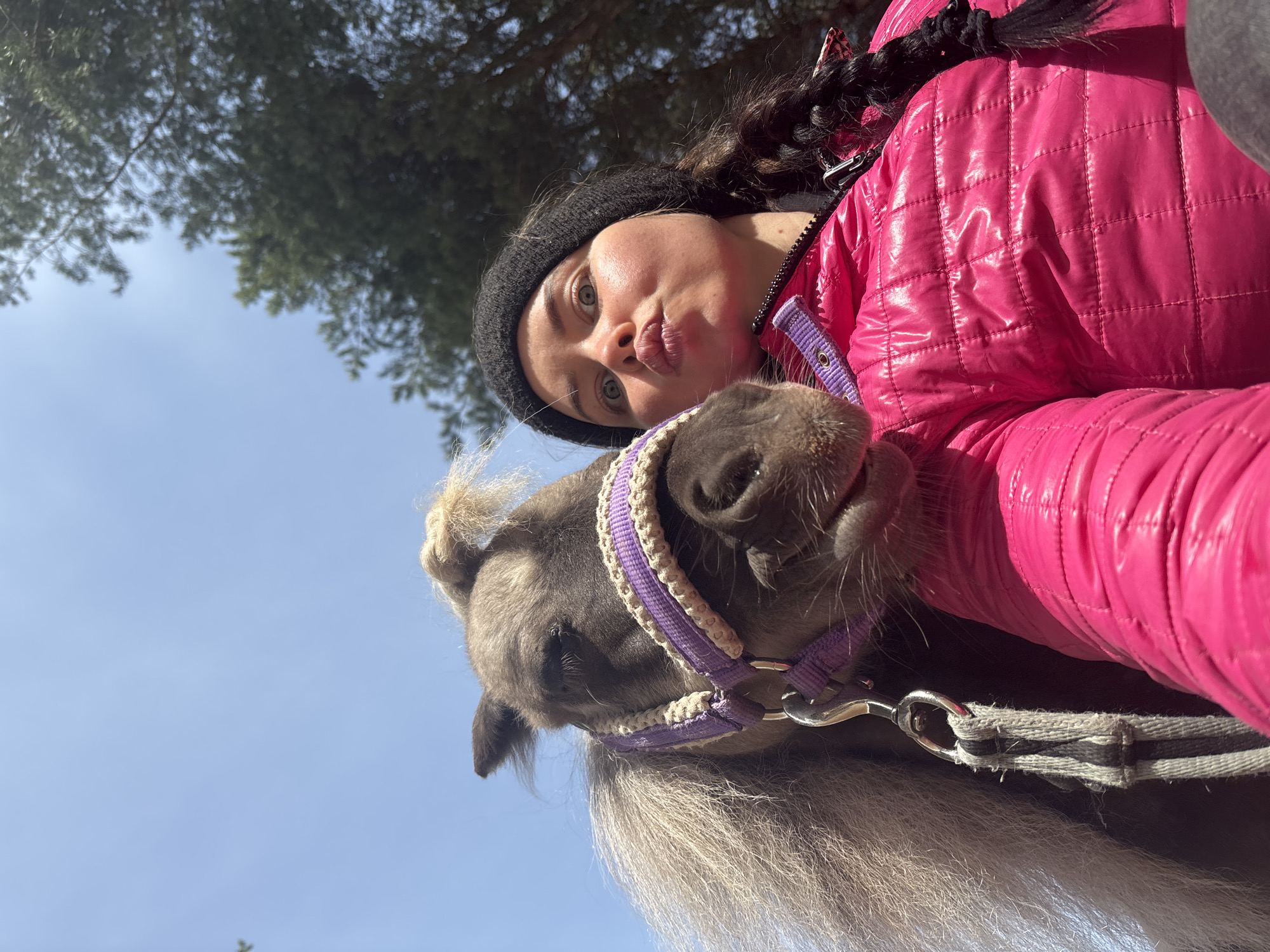 A low-angle, slightly canted, full-body photograph shows a person in a pink jacket and black beanie posing with a pony outside, likely in Русский Вожой, Russia. The person has fair skin, braids, and is making a kissing face toward the camera. The pony is wearing a purple bridle and has a long, light-colored mane. The background includes the sky and a tree.