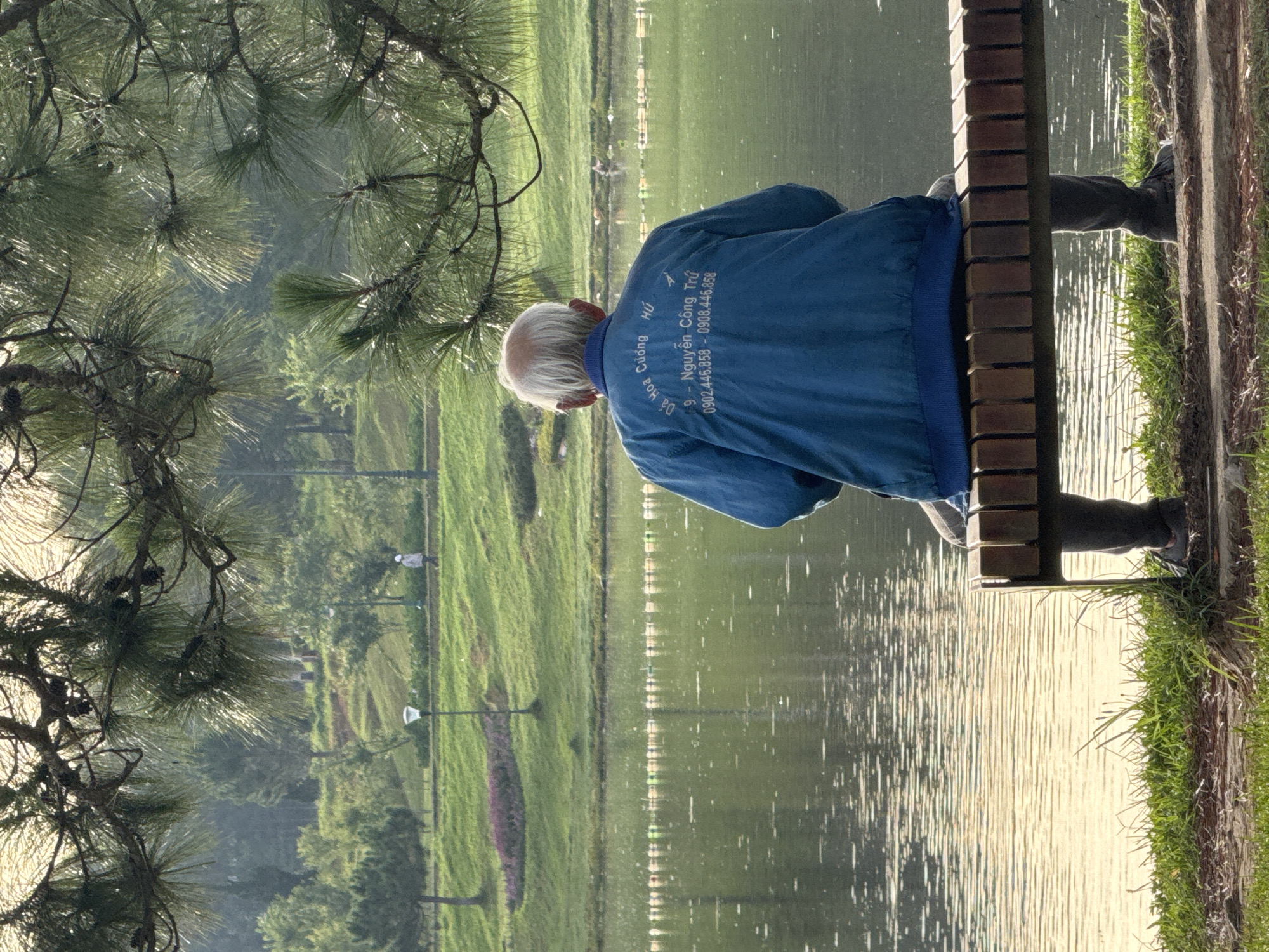 An elderly man with white hair sits alone on a wooden bench facing a body of water. He is wearing a blue jacket with text on the back that appears to be Vietnamese. The bench is situated on the grassy bank of a lake or pond, with a pathway and rolling green hills in the background. Trees, including a large pine tree with needles in the foreground, frame the scene. A lamppost is visible on the hill in the background, and another person is walking on the path further away. The water reflects the light, suggesting it is daytime. The location is identified as Xuân Hương Lake in Da Lat, Vietnam.