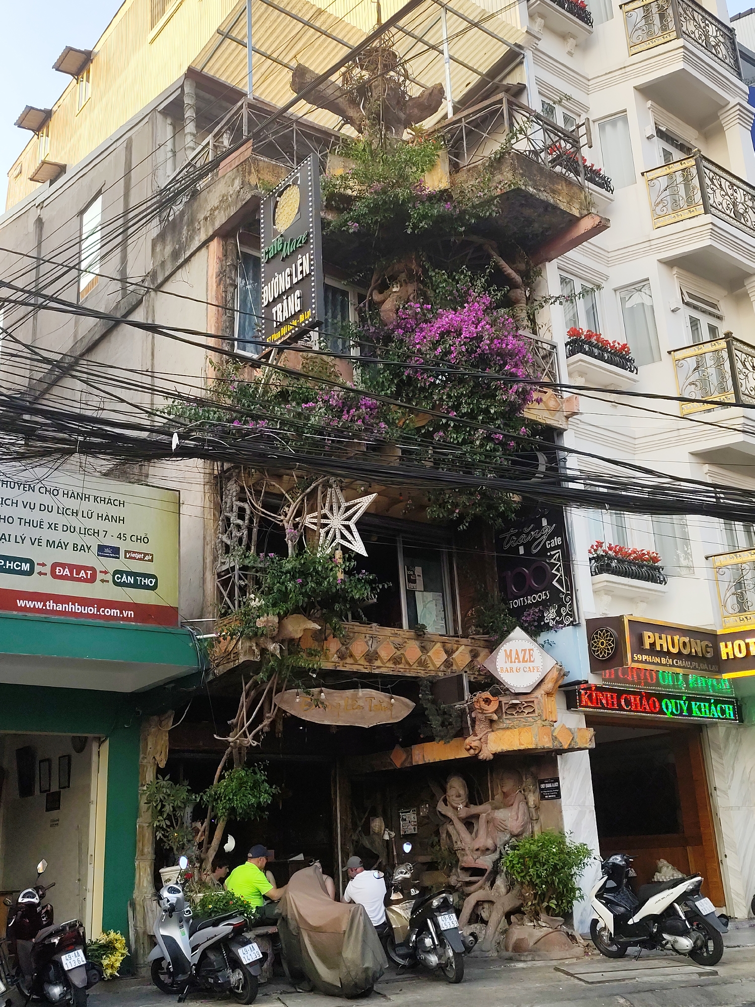 The image depicts a street scene in Da Lat, Vietnam, with a unique, heavily vegetated building as the focal point. This building houses several businesses, including "Maze Bar & Cafe," "Cafe Maze Đường Lên Trăng," and "Trang Cafe 100% Toitsroofs." The building's facade is partially covered in vines and flowering plants, and a large star-shaped decoration is visible.
Adjacent to this building are two other structures. To the left is a building with a green facade and a travel agency advertising services like passenger transport, tour vehicles, and airline tickets. To the right is a building labeled "Phuong Hotel."
In front of the buildings, several motorbikes are parked along the sidewalk. A few people are visible seated inside the "Maze Bar & Cafe," including two individuals wearing a neon green shirt and a white shirt. Overhead, a dense network of electrical wires crisscrosses the sky. Signage, potted plants, and architectural details of the surrounding buildings are also visible.
