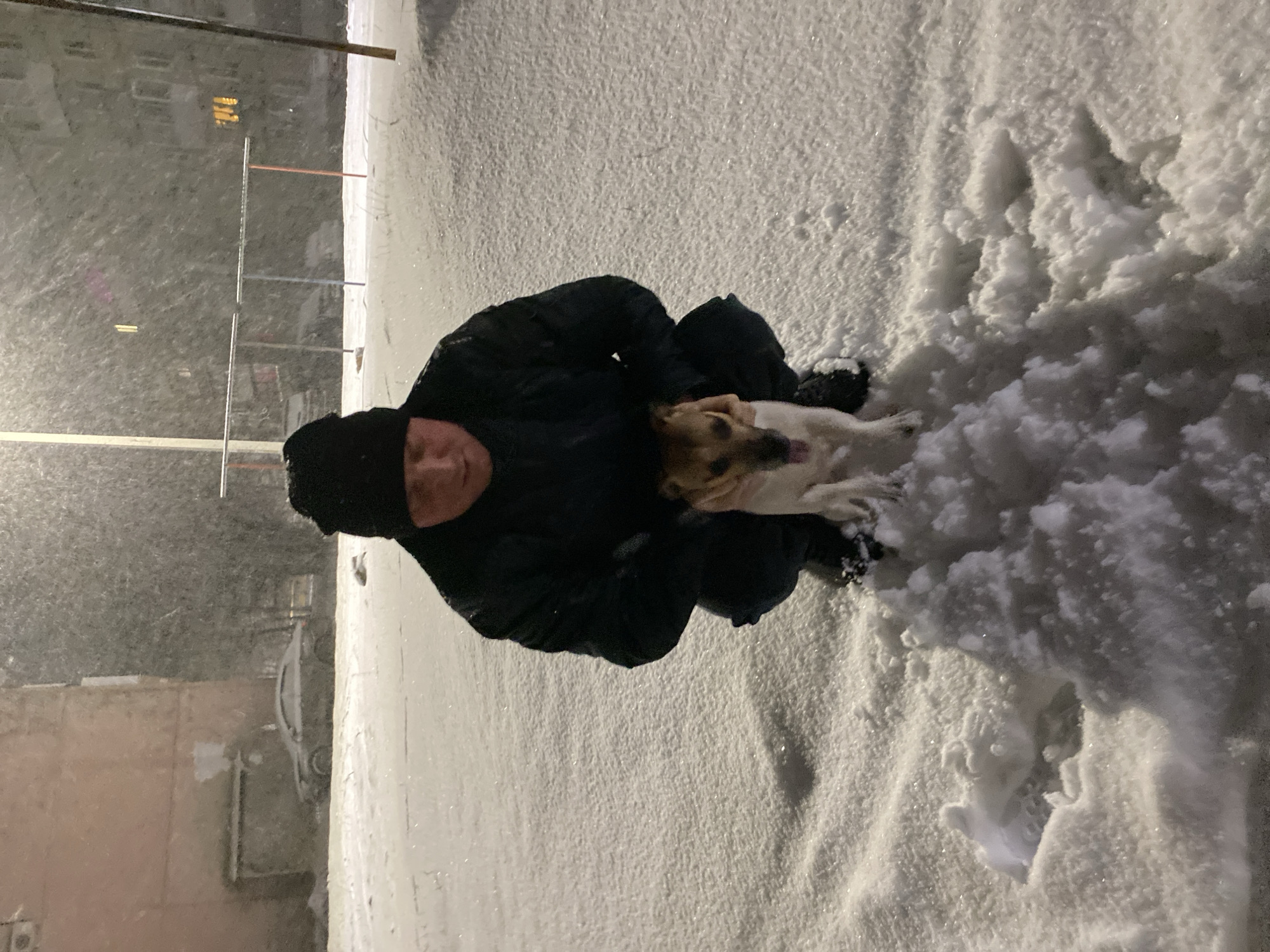 A man in dark winter clothing, including a black hat, is kneeling in deep snow and holding a medium-sized dog. The dog is light-colored with brown markings. The man appears to be interacting affectionately with the dog. The environment is snowy with evidence of recent snowfall. A building and a streetlight are visible in the background, suggesting an urban setting. The location is Noviy, Russia.