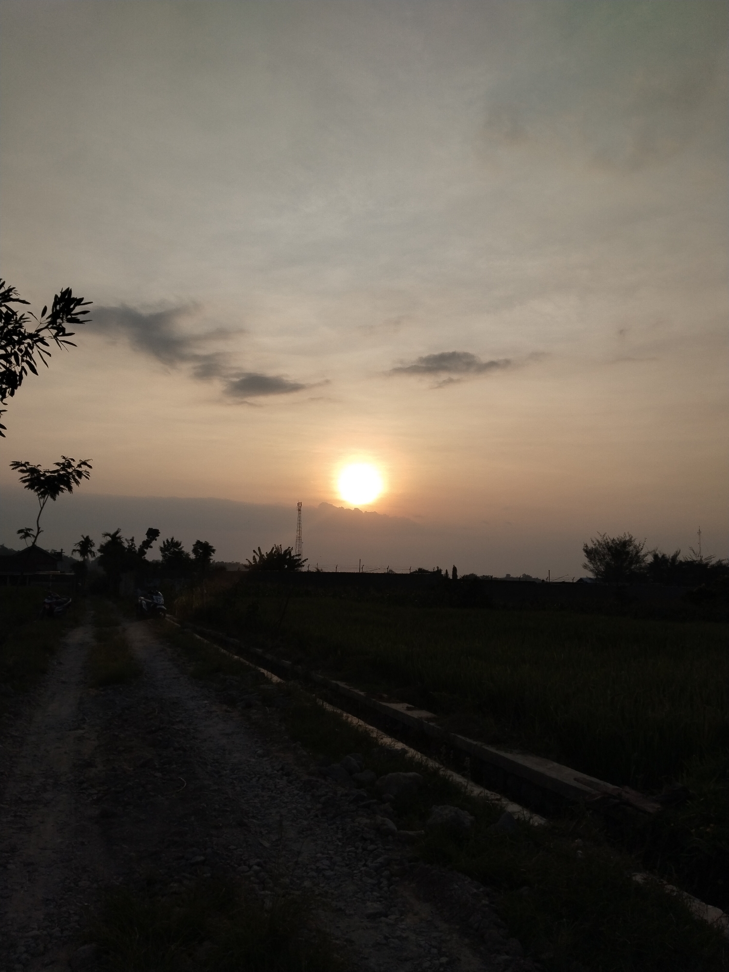 The image shows a rural scene at sunset in Menjing, Indonesia. A dirt road leads into the distance, with dense vegetation on either side. A drainage ditch runs along the right side of the road. Several motorcycles are parked near a small building on the left. In the background, trees and a cell phone tower are silhouetted against the setting sun, which is partially obscured by clouds. The sky is a pale orange color.