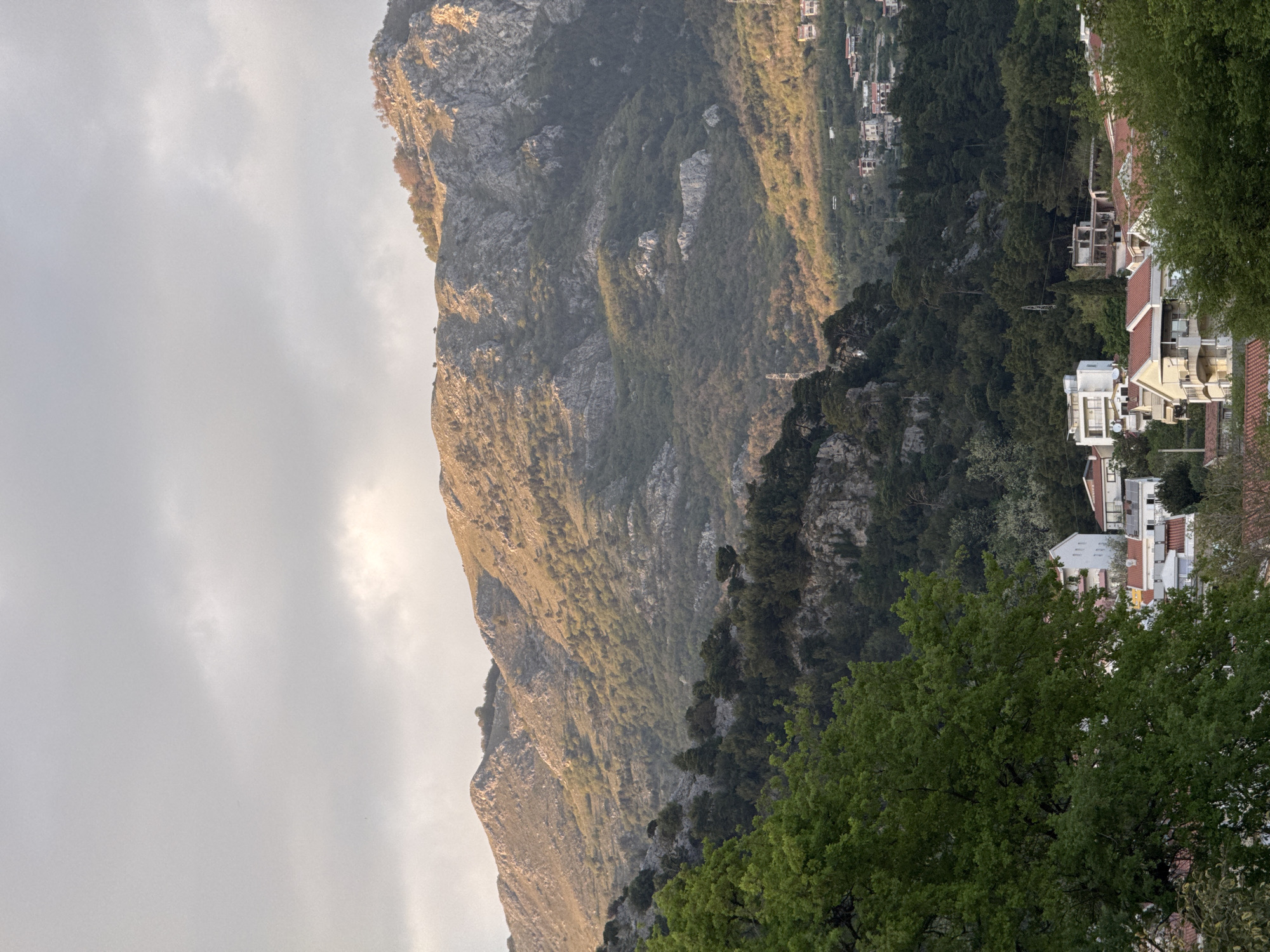 The image depicts a mountainous landscape adjacent to the urban development of Budva, Montenegro. A steep, rocky mountain occupies the left side, displaying a rugged terrain with sparse vegetation and varying shades of light due to the sun. The right side features a dense, green forest transitioning to buildings with red and white roofs, indicating the edge of the city. The sky is overcast with diffused sunlight filtering through the clouds. The photograph is taken from a lower elevation, looking upwards towards the mountain and the urban area. The scene captures a transition between natural and built environments typical of Budva’s coastal setting.