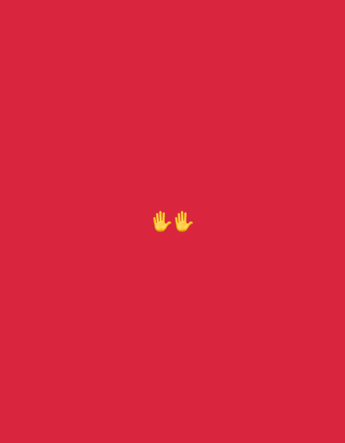The image displays two yellow hand emojis centered on a plain, solid red background. The hands are depicted with palms facing forward and fingers extended upwards, commonly representing celebration, praise, or raised hands in acknowledgement. There are no other subjects or objects visible. The background is a uniform red color, lacking any patterns, textures, or discernible location cues within the image itself. No activity or event is actively unfolding beyond the static placement of the emojis. There is no visible text. This media file is associated with Ihtiman, Bulgaria.