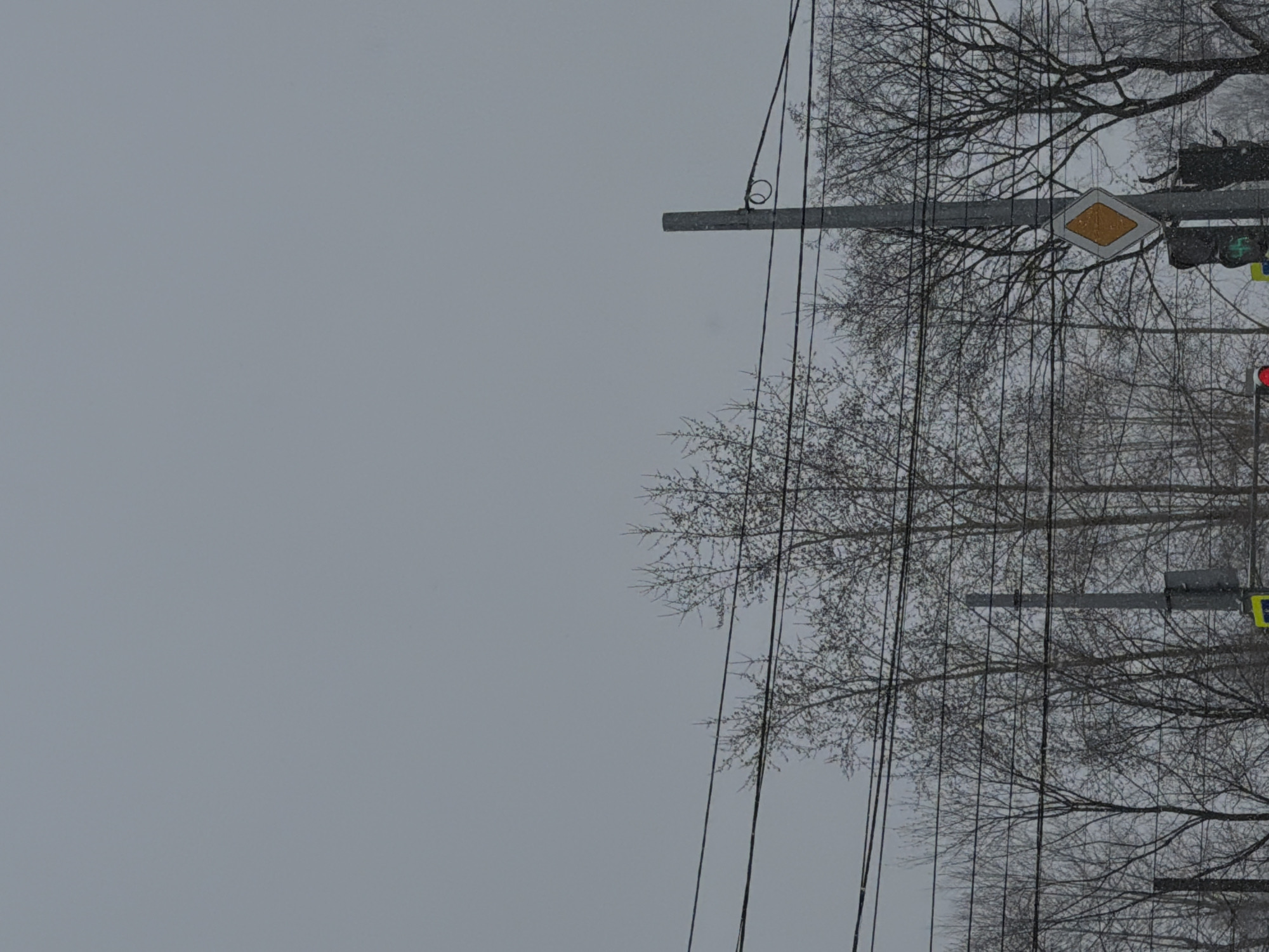 The image captures a cityscape in Perm, Russia during winter. Overhead wires stretch across the right side, juxtaposed against bare trees. A yellow diamond-shaped sign hangs on a pole. A traffic signal with a lit red light and a green light is visible. The sky is overcast, contributing to the bleak winter ambiance.