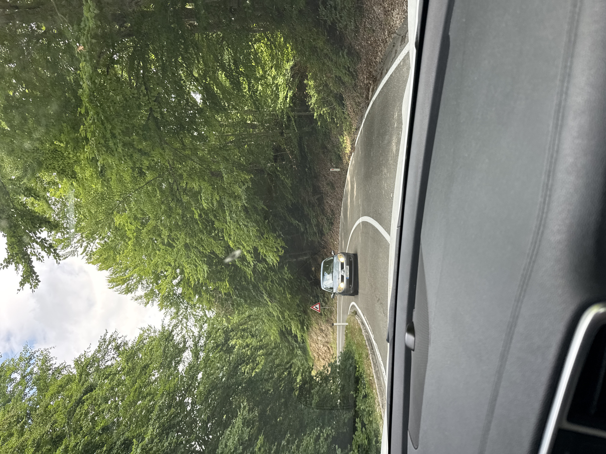 A car is driving on a winding road through a dense forest. The trees are lush and green, suggesting it is daytime in a temperate season. The road has white lane markings, and there is a triangular warning sign visible. The perspective is from inside another vehicle, looking out through the windshield. The interior of the car, including a dashboard and a speaker, is partially visible on the right side of the frame. The sky is cloudy. No people are clearly visible. The license plate of the car is partially visible and appears to read "PG 1D 101".