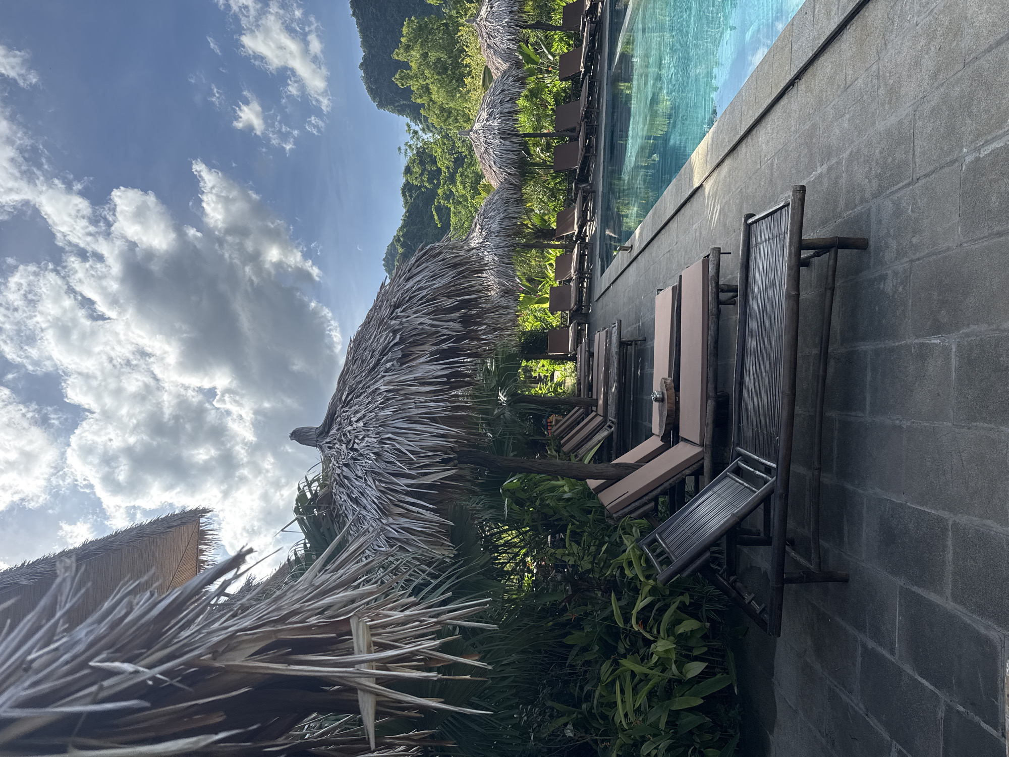 A tranquil resort scene unfolds with a clear blue swimming pool bordered by a stone patio. Several lounge chairs, some made of bamboo and others with brown cushions, are neatly arranged along the poolside, providing a relaxing spot for sunbathers. Overhanging palm fronds and thatched umbrellas offer shade, creating a tropical ambiance. Lush green vegetation, including dense foliage and trees, surrounds the pool area, and in the background, rolling green hills and limestone karsts rise majestically against a bright blue sky dotted with fluffy white clouds. The image appears to be taken from the vicinity of Nam Hoa Lư Ward, Vietnam, evoking a sense of peaceful escape and natural beauty. There are no people or animals present in the scene.