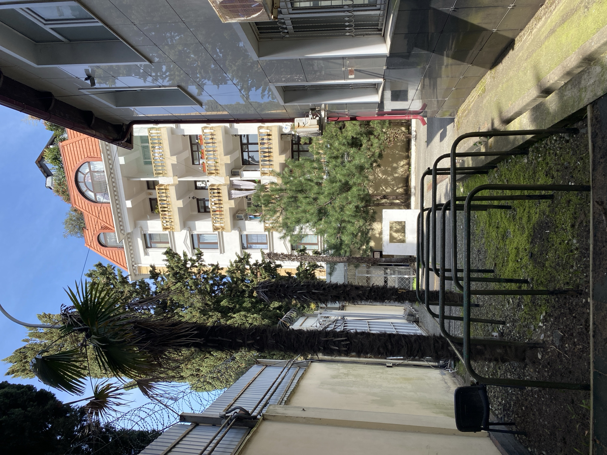 The image depicts an exterior scene in Sochi, Russia. A multi-story building with white and beige facades, adorned with balconies and decorative elements, is visible on the left. The building's roof features reddish-orange tiles. A palm tree and other vegetation are present in the foreground and partially obscure the view of the building. To the right of the building, a modern structure with reflective, dark grey or black cladding is present. In the foreground, a metal bicycle rack stands on a gravel surface with patches of green moss. A black plastic chair is near the rack. The sky is visible in the upper-left corner, indicating a clear day. The scene suggests an urban area in Sochi with a blend of architectural styles and natural elements.