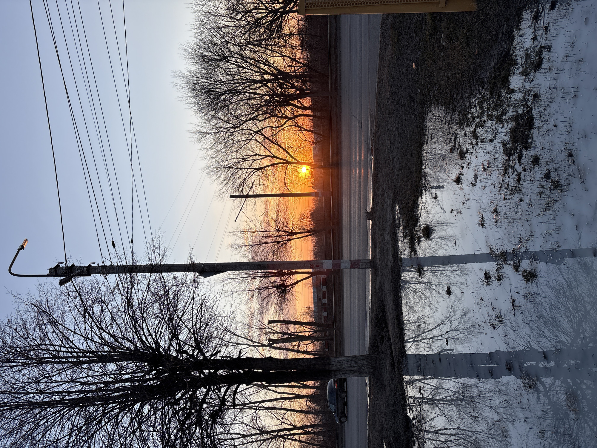 The image depicts a street scene at sunset in an unspecified area of Ulyanovsk, Russia. The view is dominated by utility poles and bare trees silhouetted against the setting sun. A road runs parallel to the trees, reflecting the sunlight. Patches of snow and water are visible alongside the road. The presence of a car indicates vehicular traffic. The composition is shot from a low angle, looking towards the horizon.