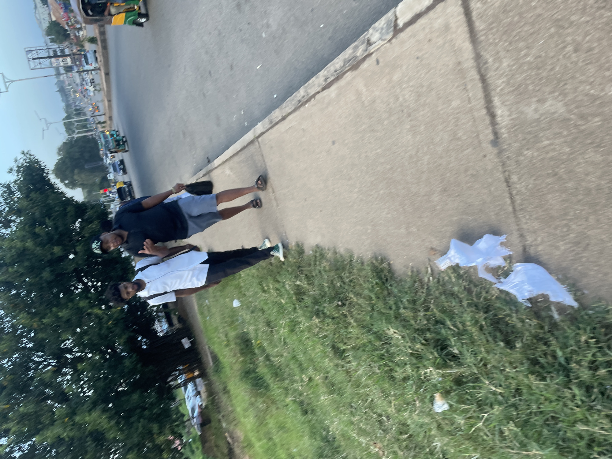 Two men are walking on a sidewalk next to a street in the city of Gura Top, Nigeria. The man on the left is wearing a white short-sleeved shirt and black pants. He has dark curly hair and a beard. The man on the right is wearing a dark blue short-sleeved shirt, gray shorts, and a black baseball cap. He is carrying a black bag in his left hand. The sidewalk is made of concrete and has some debris on it. To the left of the sidewalk is a grassy area with some trees. The street is paved and has traffic, including cars and a three-wheeled vehicle. The sky is overcast.