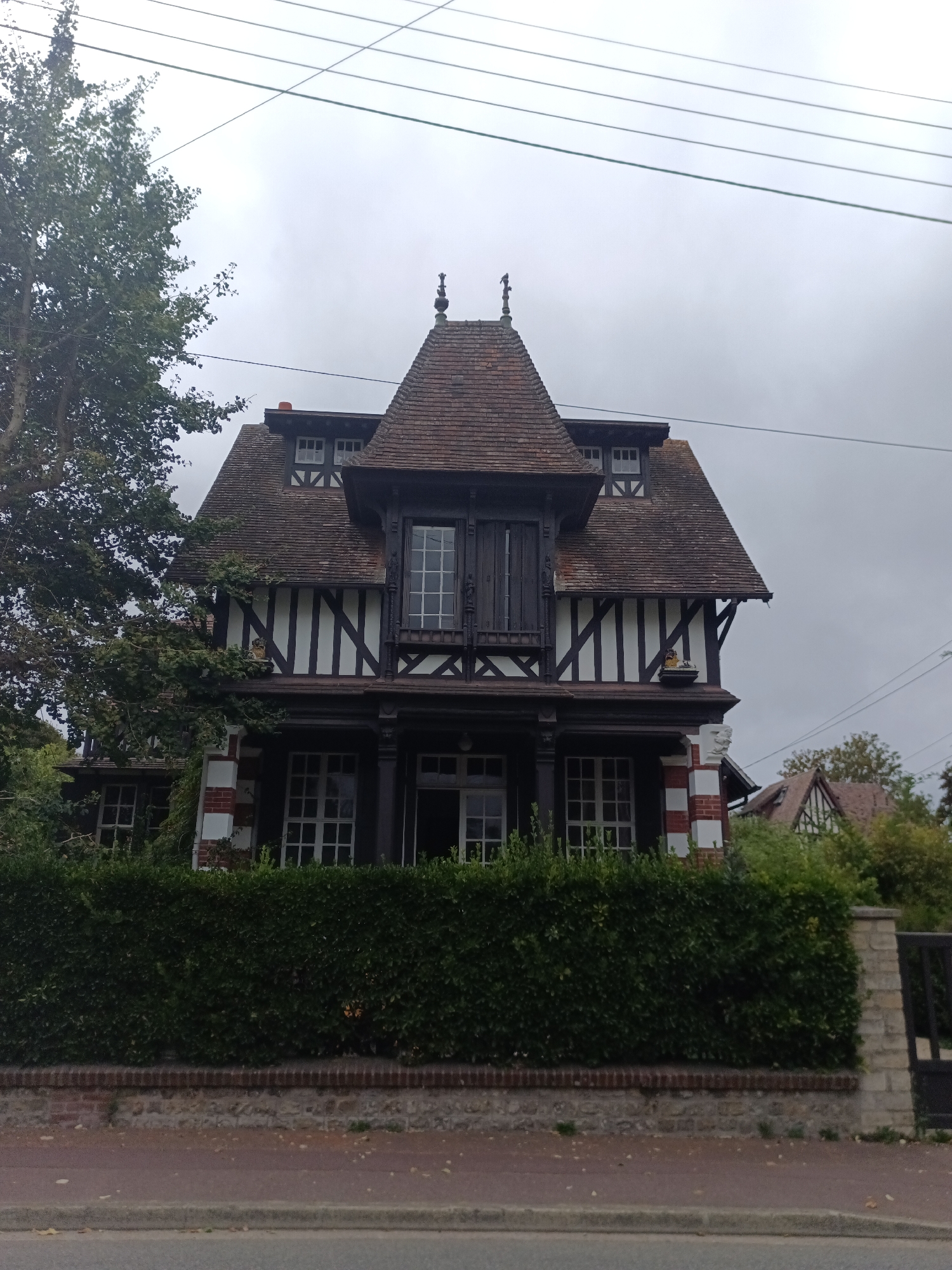The image depicts a two-story house with a distinctive half-timbered architectural style, likely located in Houlgate, France. The house features a steeply pitched, multi-faceted roof covered in terracotta tiles, with several dormer windows. The upper facade exhibits a white plaster infill between dark timber beams arranged in geometric patterns, characteristic of traditional Norman architecture. Large windows with multiple panes are visible on both levels, some appearing to be French windows. A dense, well-maintained green hedge runs along the front of the property, obscuring the lower portion of the house. A stone wall with a brick foundation runs along the hedge, and a portion of a black metal gate is visible on the right side of the image. Power lines are visible stretching across the overcast sky. The foreground shows a paved sidewalk and a road. The scene is devoid of any people or visible activity, presenting a still, architectural study of the house and its surroundings. The surrounding vegetation, including a large tree to the left, suggests a residential or park-like setting.
