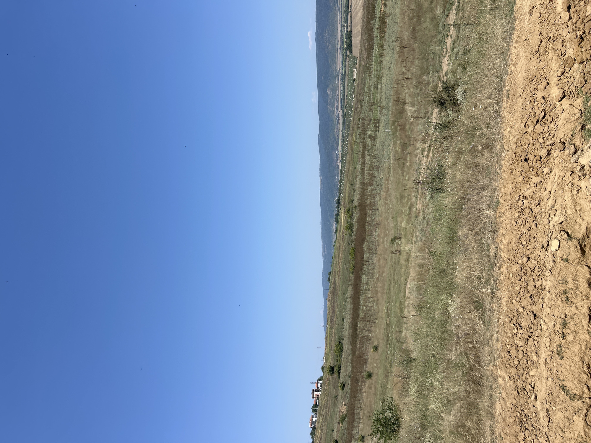 The image depicts a rural landscape under a clear blue sky. In the foreground, dry, brown soil with visible clods and some sparse green vegetation suggests an undeveloped or agricultural area. The middle ground features rolling hills covered in dry, yellowed grass interspersed with patches of green. Scattered shrubs and a few small trees dot the hillside. In the distance, on the crest of the hill to the left, there are several houses with red or brown roofs. Further in the background, a vast valley stretches out, filled with fields, some of which appear to have been harvested or are fallow. A line of dark green hills or mountains forms the horizon, with a hazy layer of white clouds on their slopes. There are no people or animals visible in the image. The overall impression is one of a dry, sunny day in a sparsely populated, agricultural region.