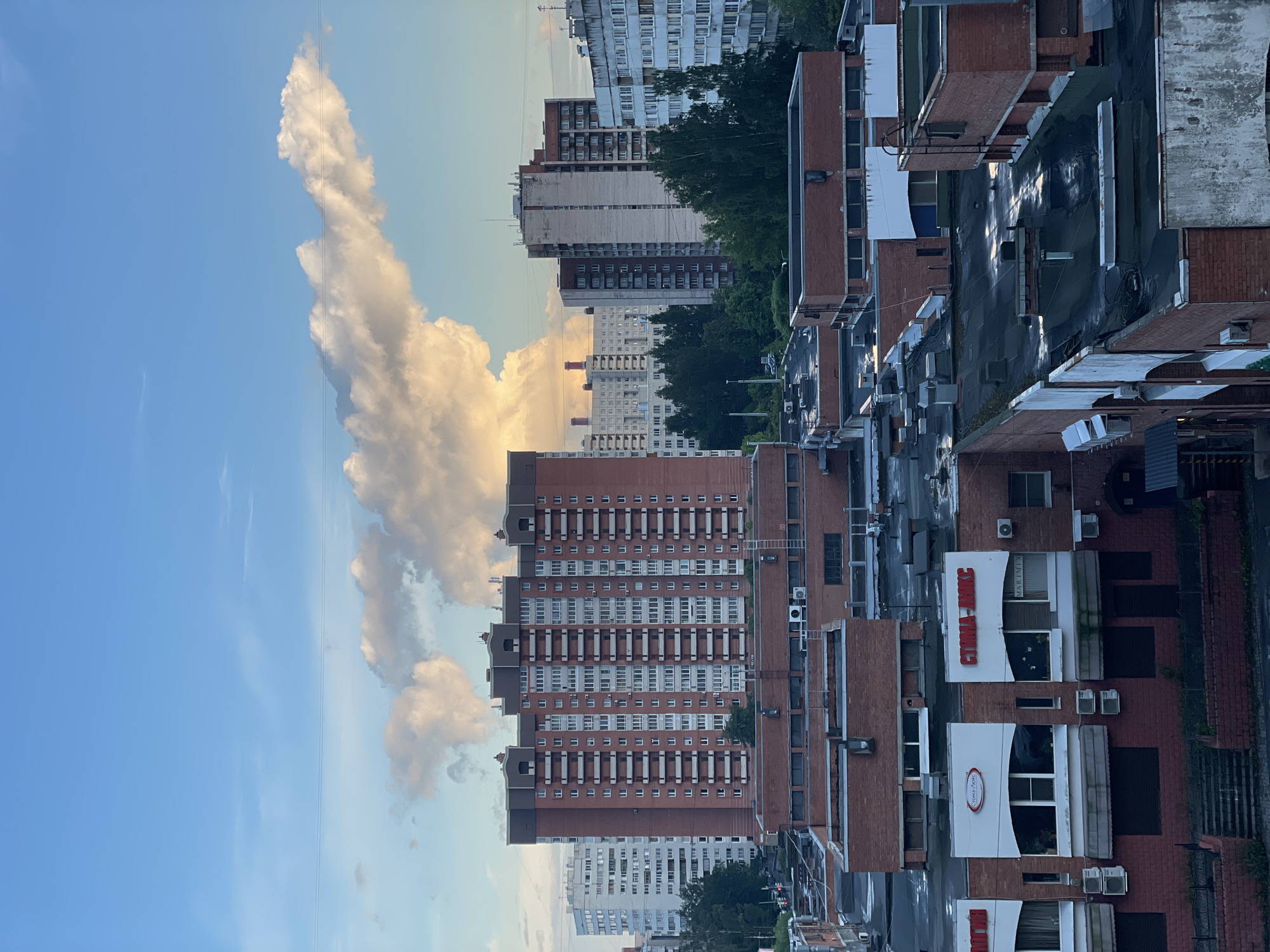 This is a high-angle, eye-level, long shot of a city skyline in Saint Petersburg, Russia, taken during the day. The sky is blue with scattered clouds, one of which is large and dramatically lit. The foreground is dominated by the flat roofs of several brick buildings, some with visible air conditioning units, vents, and other rooftop equipment.
In the mid-ground, a tall, reddish-brown apartment building stands out, featuring rows of white-trimmed balconies and windows. To the left and right of this central building are other apartment buildings of varying heights and architectural styles, some appearing to be light-colored concrete structures. Green trees are visible between the buildings, suggesting a residential area with some greenery.
Closer to the foreground, there are lower brick buildings, possibly commercial establishments, with visible signage. One sign reads "СТОМА-ДЕНС" in red Cyrillic letters, and another, circular logo above it contains Cyrillic text. The overall impression is of a dense urban environment, likely a residential district within Saint Petersburg, characterized by multi-story buildings and a cloudy sky.