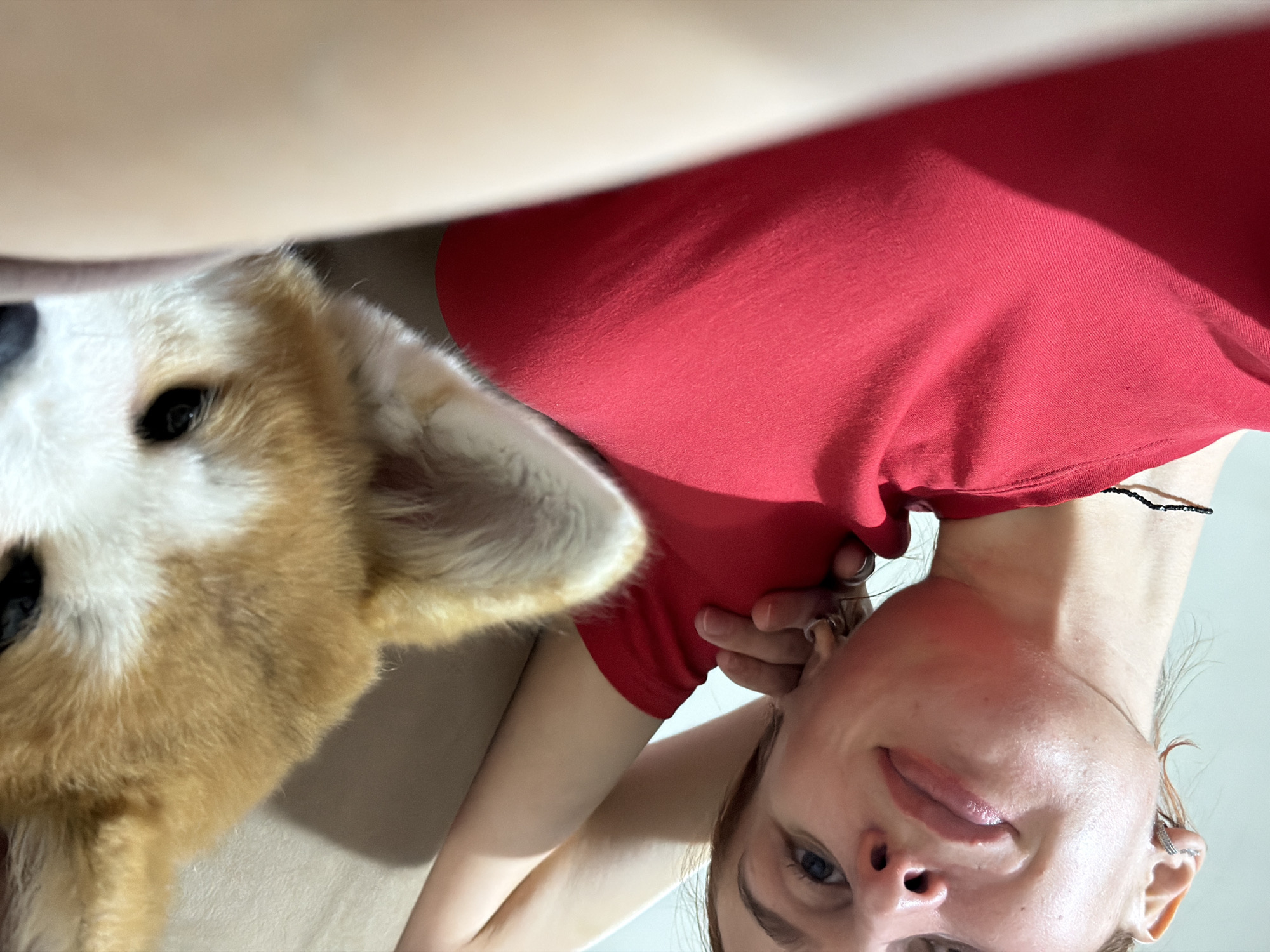 An indoor scene in Chaikovsky, Russia, depicts a young adult female and a dog. The female is positioned diagonally across the upper portion of the frame, lying on a light-colored upholstered surface. She wears a red short-sleeved top and a thin black beaded necklace. Her head is tilted, with her face angled towards the camera, revealing blue eyes and slightly parted lips. Her right ear (viewer's left) displays multiple piercings. Her right arm is visible, with fingers near her neck/shoulder. Directly below and partially overlapping the female, the head of a light brown and white dog, consistent with an Akita or Shiba Inu type, is visible. The dog's dark eyes are directed towards the camera, and its pointed ears are erect. The background consists of a plain, light-colored wall or surface behind the female's head.