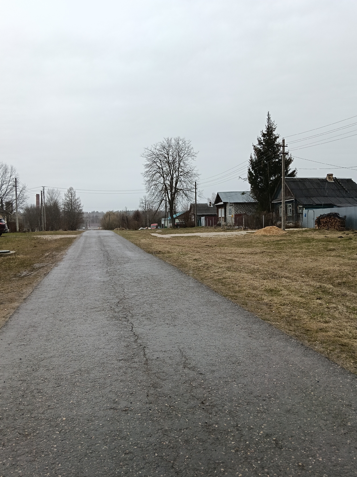 The image depicts a street in the village of Красный Маяк, Russia. The street is asphalted, somewhat narrow and slightly cracked. The area surrounding the road on either side has short brown dry grass. On the right, there are several buildings, appearing to be houses. Their roofs are dark, and some have stacked woodpiles nearby. A tall evergreen tree and a bare tree are situated near the houses. Utility poles with wires stretch across the scene. On the left side of the road, there is a mix of bare trees and a few distant buildings. The sky is overcast and grey, indicating a cloudy day.