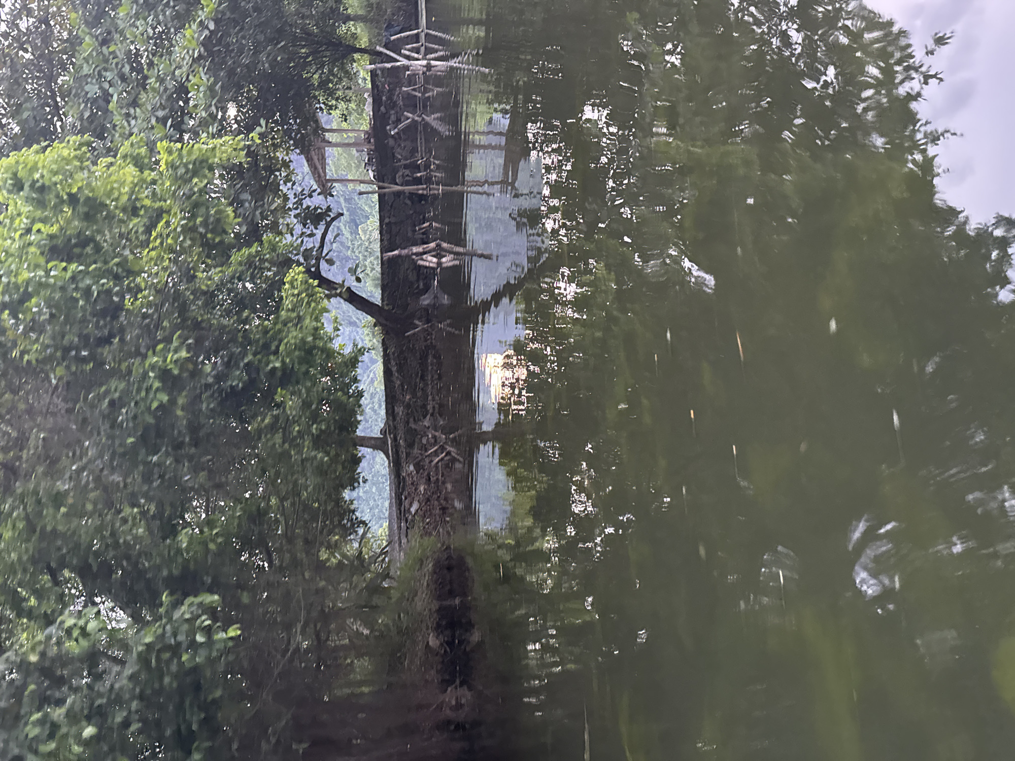 The image shows a body of water reflecting trees and a small wooden structure. The environment appears to be natural and possibly rural, with lush green foliage visible along the bank. The water is calm, with ripples creating distorted reflections of the overhead trees and the structure. The wooden structure is partially visible, suggesting it might be a shelter or a pier. The overall impression is one of tranquility and a natural landscape. The location is specified as Nam Hoa Lư Ward, Vietnam.