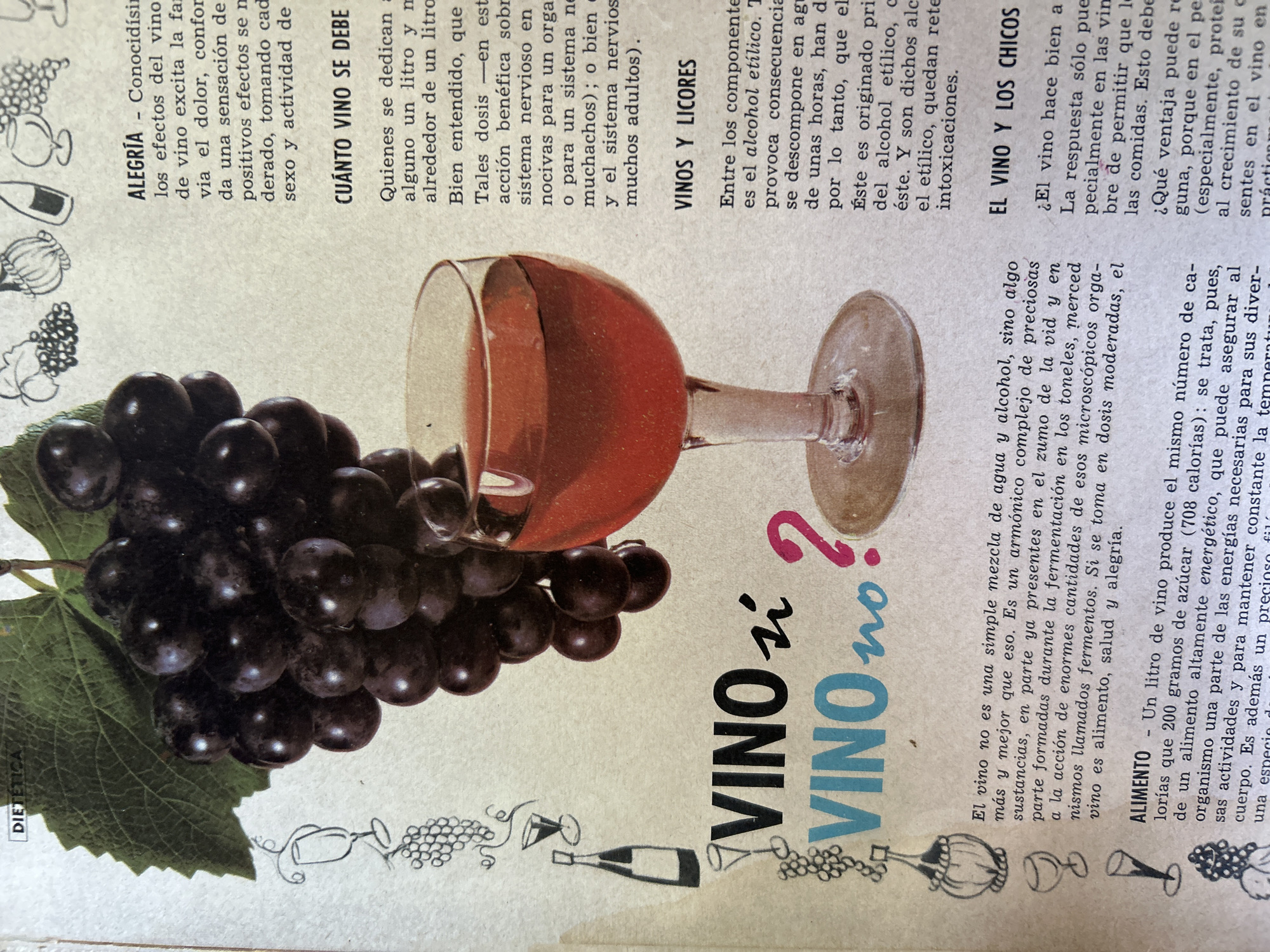 The image is a close-up of a page from an old magazine or book, featuring a prominent illustration of a glass of red wine and a bunch of dark grapes. Text is visible in both Spanish and English. The Spanish text is divided into sections with headings like "ALEGRÍA," "CUÁNTO VINO SE DEBE BEBER," and "VINOS Y LICORES." There are also decorative line drawings of wine bottles and glasses. The English text begins with "DIETÉTICA" at the top left and discusses the health benefits and properties of wine, including its caloric content and effect on the nervous system. The text also touches on the topic of "EL VINO Y LOS CHICOS" (Wine and Kids). The overall tone of the text suggests an informational or educational piece about wine consumption. There is no indication of a specific city or location like Tacarigua, Venezuela, within the visible content.