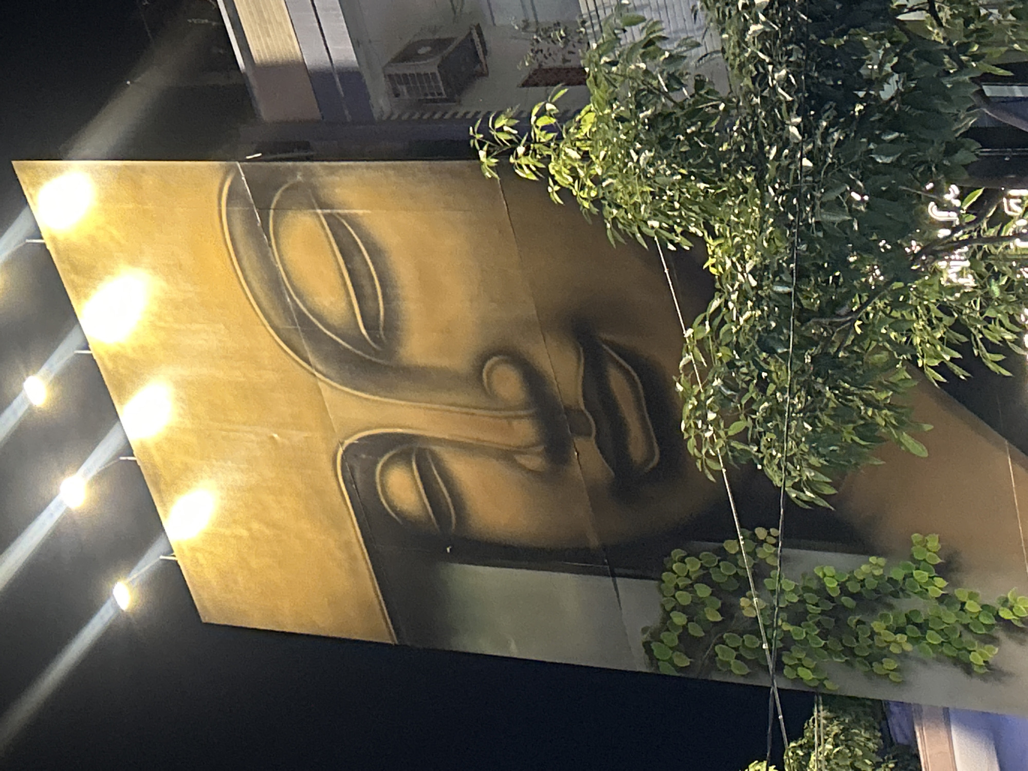 The image depicts a mural of a serene face, possibly Buddha, painted on a building facade in Nha Trang, Vietnam. The mural is predominantly gold and brown. A lush tree partially obscures the right side of the mural. To the left of the mural, bright lights illuminate the scene. Air conditioning units are visible on the building above the mural. Trailing plants decorate the lower right part of the mural. It is nighttime.