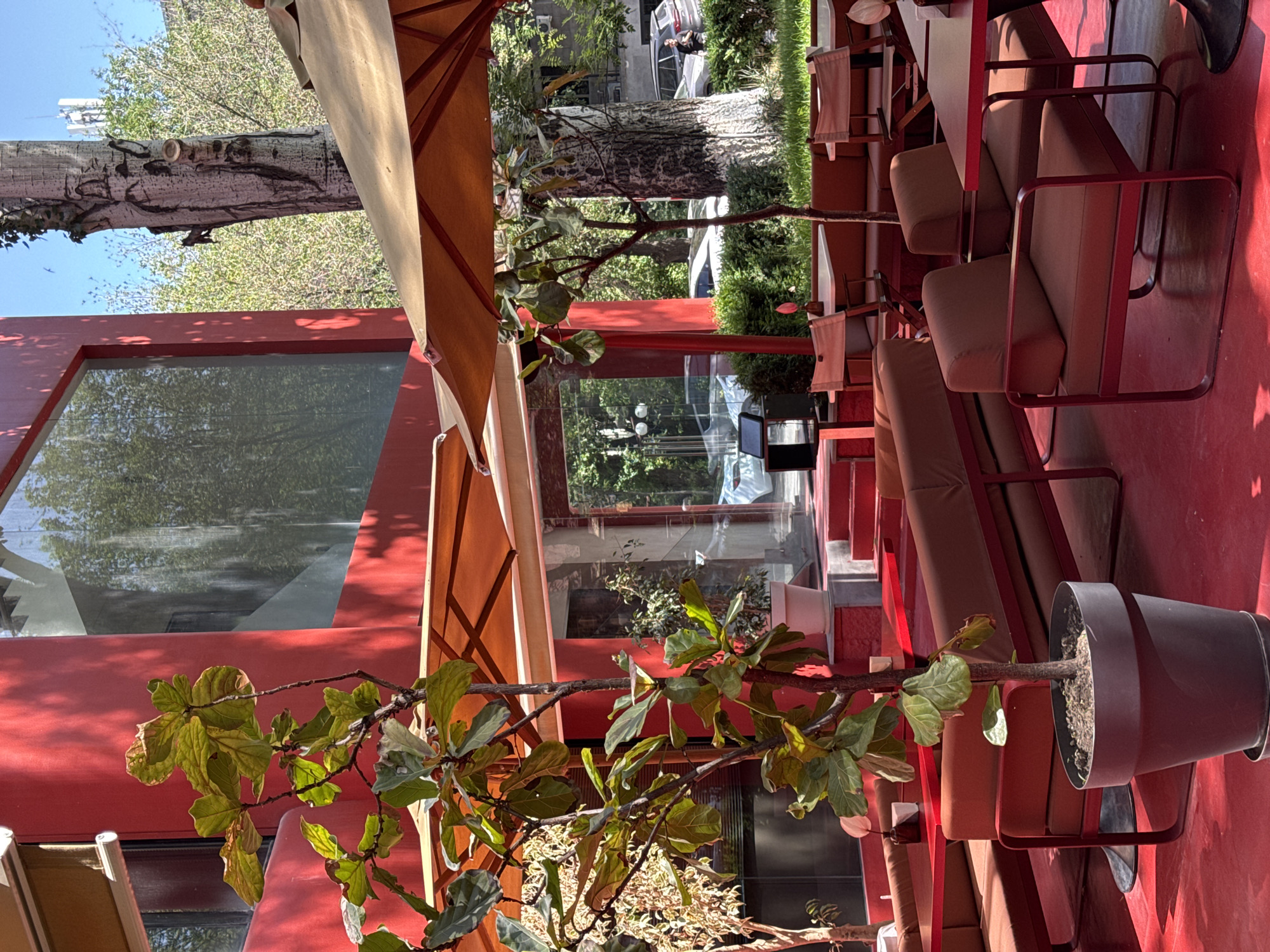 The image depicts an outdoor cafe setting in Yerevan, Armenia. The cafe features red-themed decor, including a red floor, red building exterior, and red chair frames with tan cushions. There are multiple seating arrangements with chairs and tables. A beige canopy provides shade. Potted plants with green leaves are placed throughout the area, adding a natural element. The cafe's facade has large windows reflecting the outside environment. Trees are visible outside, and a car is parked on the street. The scene is captured in daylight, with a clear blue sky visible.