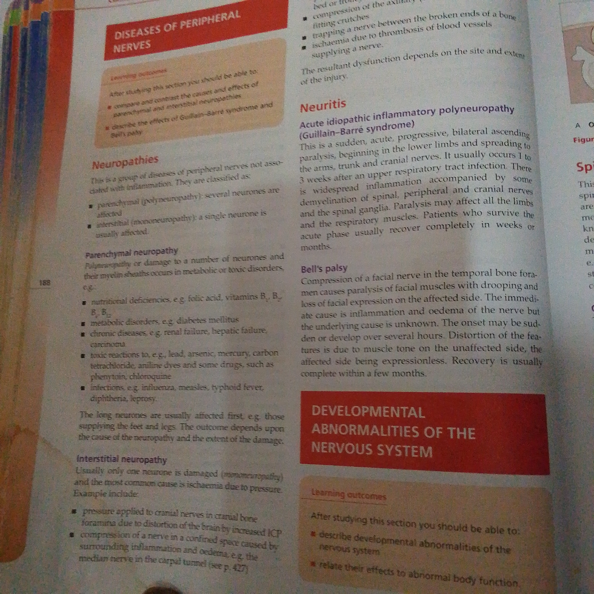 The image shows a textbook page open to a section on diseases of peripheral nerves. The text discusses neuropathies, neuritis, and Bell's palsy. There are also sections on learning outcomes for both the peripheral nerves section and a section on developmental abnormalities of the nervous system. The page is printed with black text on a white background, with some headings in red. There is no information in the image that indicates a location in Jalingo, Nigeria.