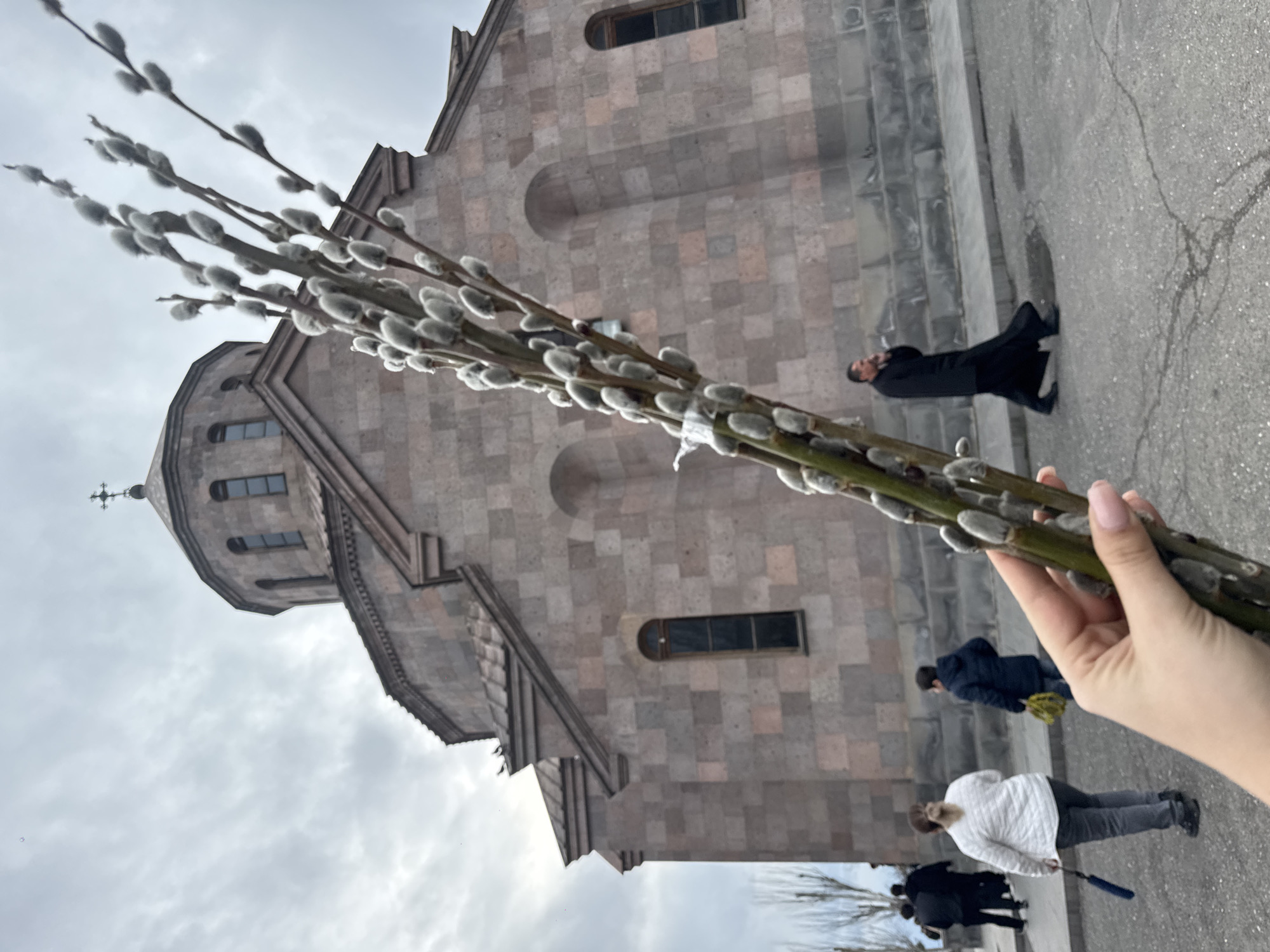 A person's hand holds a bunch of pussy willow branches in the foreground. Behind the branches is a large, grey stone building with a dome and a cross on top. The building is likely a church. Several people walk in the background. The sky is overcast. The scene is likely in Yerevan, Armenia, based on the architecture of the church.