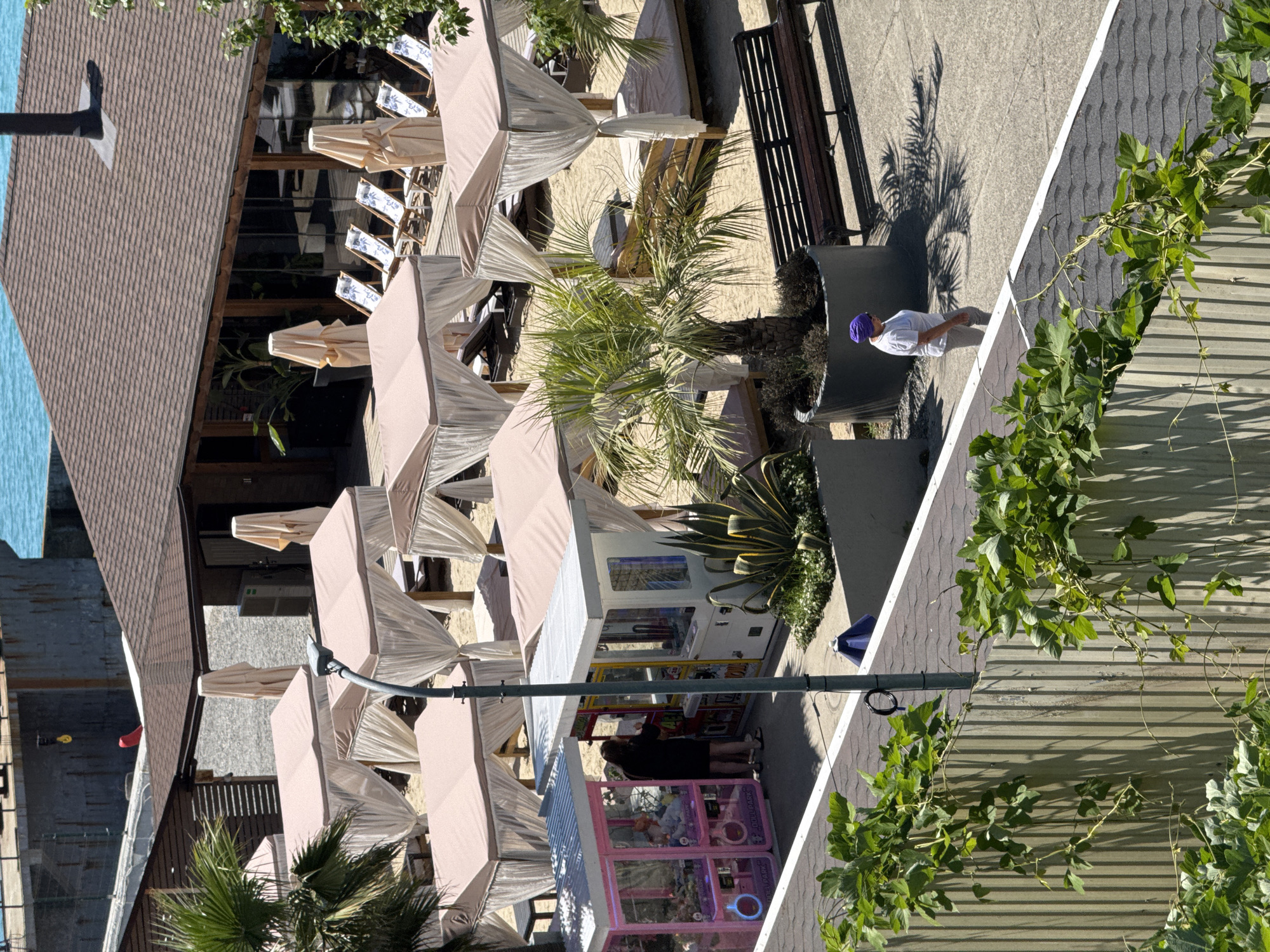 This media file captures a sun-drenched scene, likely in Sochi, Russia, with a relaxed atmosphere. The main subjects include several people and an array of objects, all set within an outdoor environment that appears to be a beach or resort area.
In the foreground, a person wearing a white t-shirt and grey pants, with a purple head covering, is walking on a paved path. They cast a distinct shadow on the ground, suggesting it is a bright, sunny day. Further into the scene, under a canopy of beige beach umbrellas, two people are visible near some arcade-style games, one of them with long dark hair and a dark top. Another person, dressed in black, is interacting with the arcade machines.
The setting is characterized by rows of beige beach umbrellas and lounge chairs, indicating a recreational area. Palm trees and other lush green foliage are interspersed throughout the scene, adding to the tropical or resort feel. In the background, there's a building with a brown-tiled roof, and a glimpse of blue water, possibly the sea. The scene appears to be a public space, possibly a promenade or a beachside complex, with elements of leisure and entertainment.
Notable details include the strong sunlight and the distinct shadows, pointing to midday. The presence of beach umbrellas and lounge chairs suggests warm weather, ideal for outdoor activities. There are also two arcade machines visible, one predominantly white and the other pink, with plush toys inside. There are no clearly legible signs or text visible in the media file. The overall mood is one of leisure and enjoyment on a pleasant day.