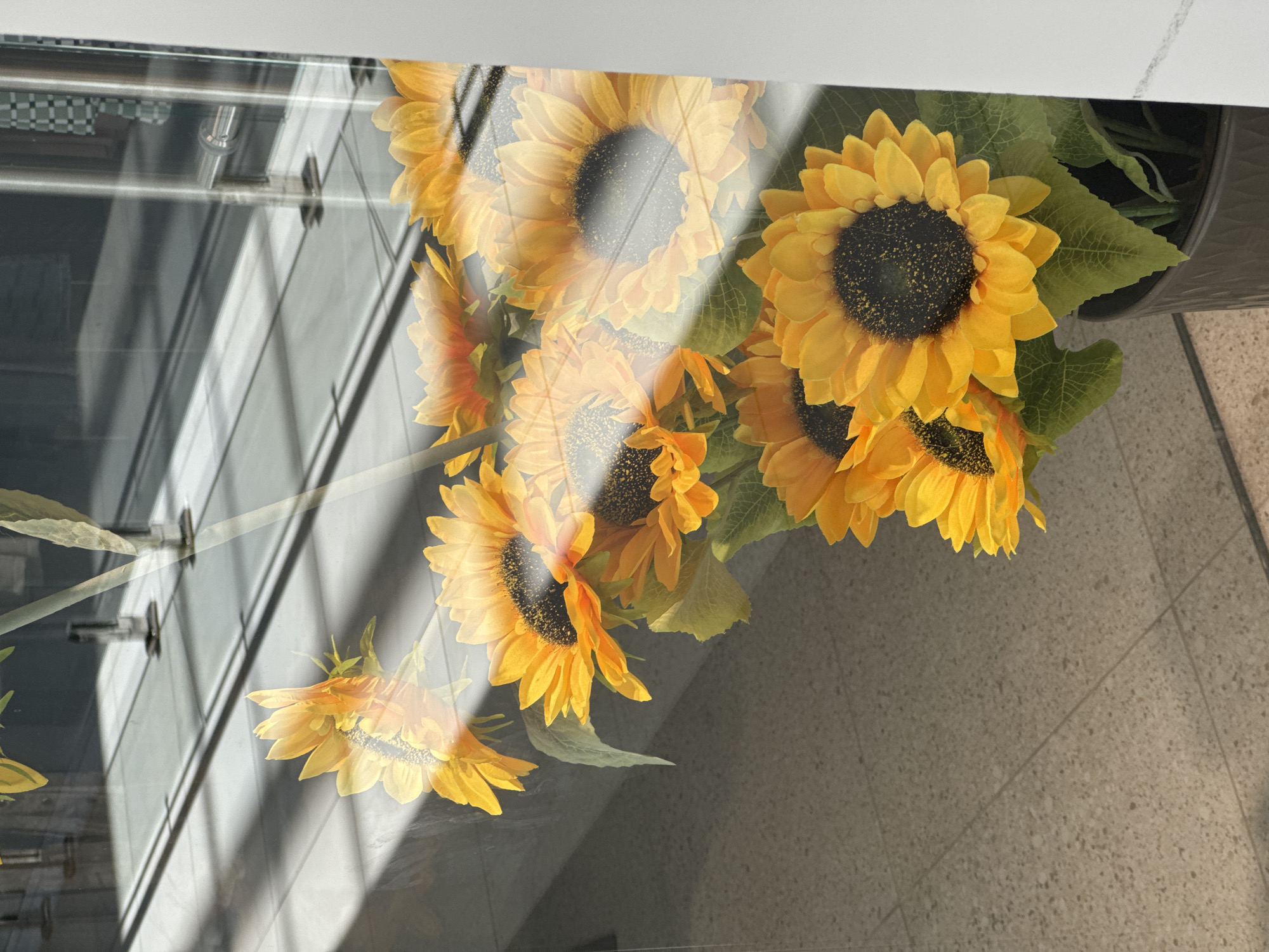 A bouquet of artificial sunflowers is reflected in a glass pane, with sunlight casting diagonal shadows across the scene. The sunflowers, depicted in various stages of bloom with bright yellow petals and dark centers, are arranged in a dark gray pot. The background through the glass shows a tiled floor and what appear to be metal railings, suggesting an indoor public space such as a lobby or walkway. The overall lighting is bright, with the sun creating a strong contrast between illuminated areas and shadows. The image provides no information about the city of Mikhaylovsk, Russia, or any individuals.