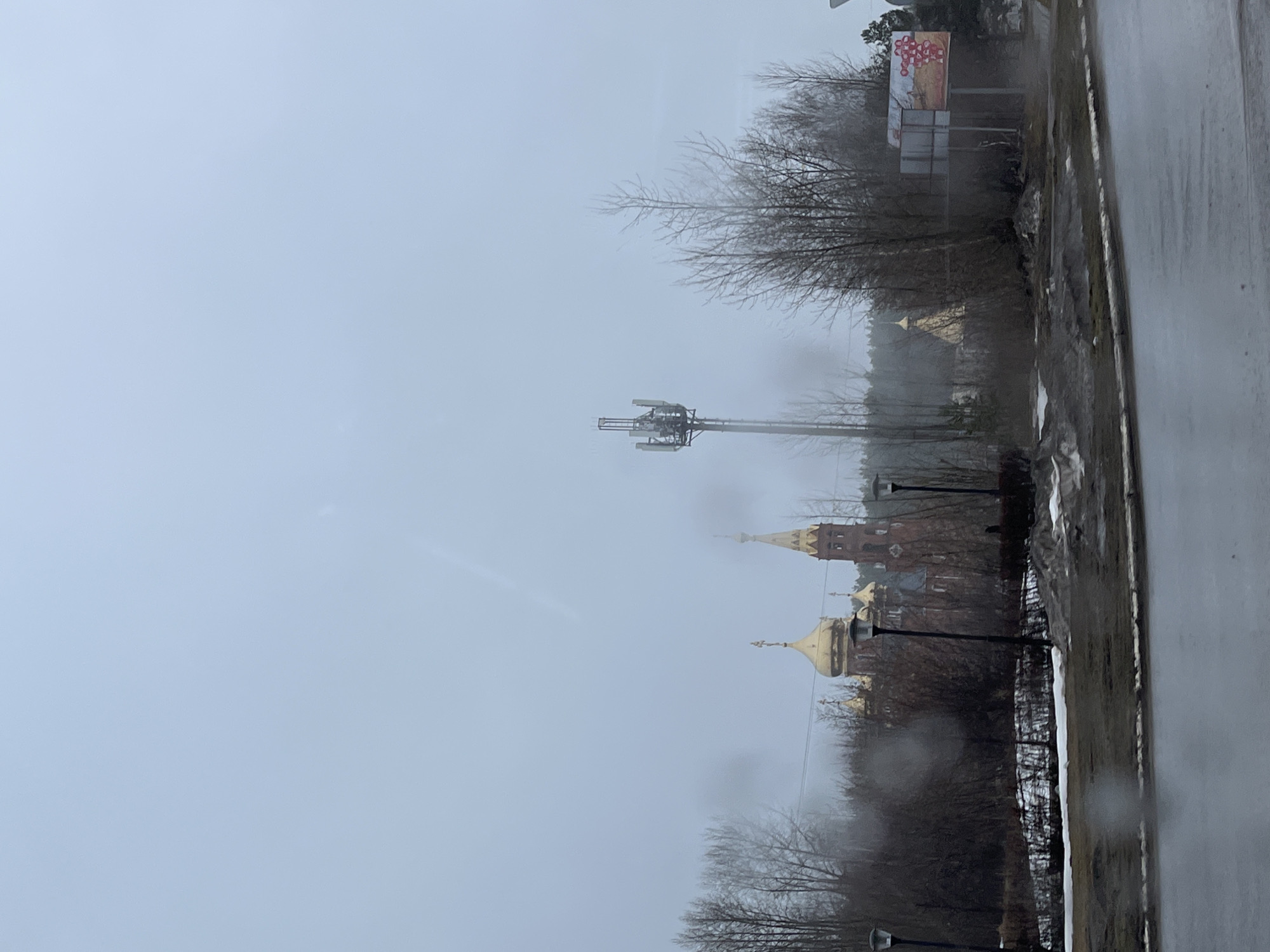 The image shows a view in Chaikovsky, Russia, on a foggy day. The primary focus is the Holy Trinity Cathedral, characterized by its golden domes and brick structure. Adjacent to the cathedral is what appears to be a communications tower. A road runs parallel to the scene on the right side, and a billboard is visible further in the distance. Bare trees populate the foreground and surrounding areas. The overall atmosphere is overcast and muted due to the fog.