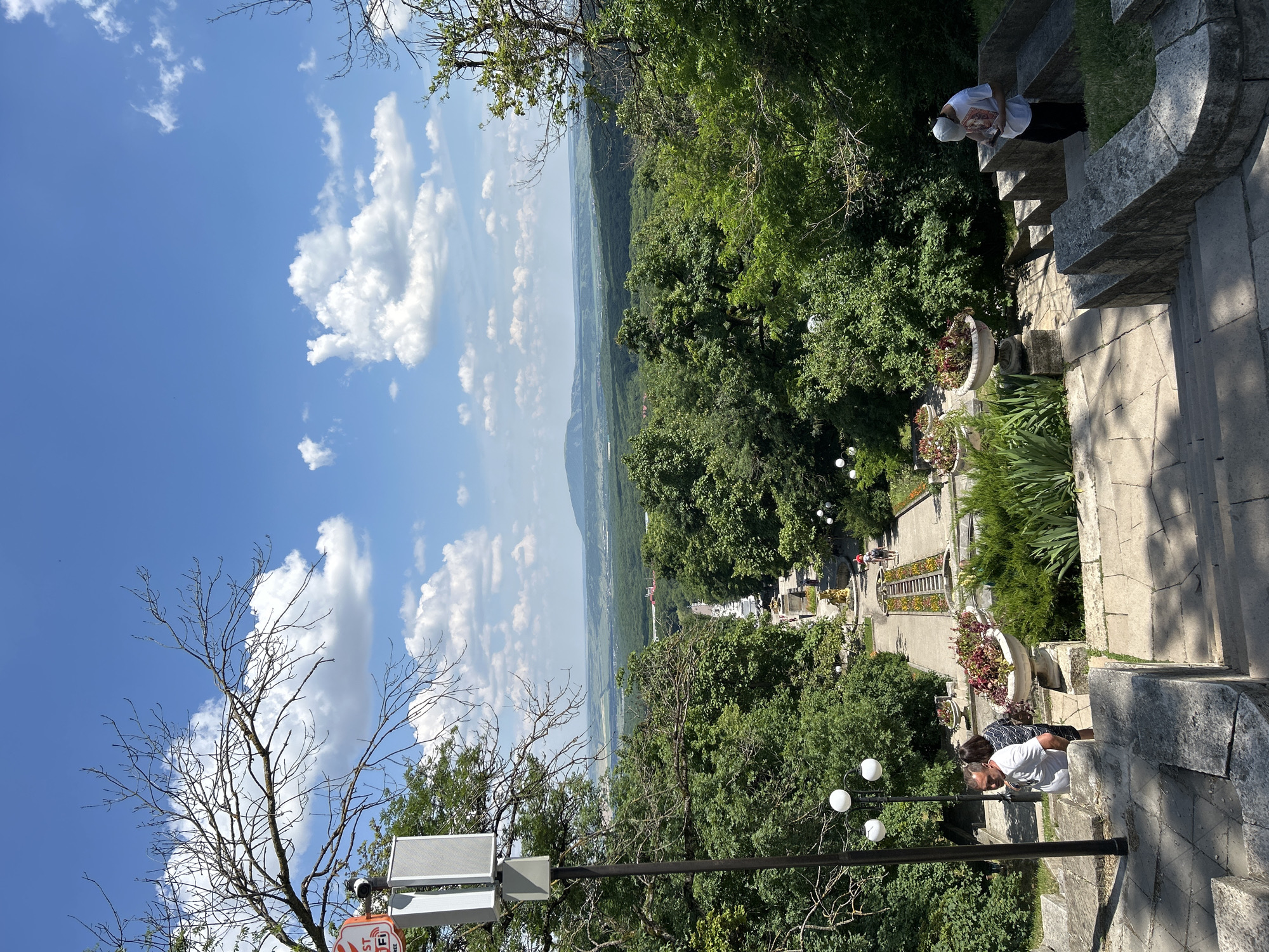 A panoramic view captures a lush, green landscape under a bright blue sky dotted with fluffy white clouds. The image is oriented vertically, as if the photographer is looking down from a high vantage point. In the foreground, a stone staircase winds its way down, flanked by well-maintained greenery and potted plants.
Several people are visible on or near the stairs. One individual, wearing a white t-shirt and a light-colored cap, is paused on the stairs, looking downwards. Further down the path, another person, dressed in a dark and white patterned top, is seen from behind, also appearing to be descending. In the distance, more people are scattered along a paved walkway that runs through a park-like setting, suggesting a leisurely stroll or visit.
The scene is bathed in bright sunlight, indicating it is likely daytime, possibly late morning or early afternoon. The clear sky and vibrant greenery suggest pleasant weather. The extensive, tree-covered valley stretching out to the horizon, with distant hills, provides a sense of scale and a picturesque backdrop.
A few objects are notable: a modern street lamp with multiple globes illuminates a section of the path, and on the left side of the image, a white box mounted on a pole, possibly a speaker or a Wi-Fi hotspot, is visible. A small sign with the text "Wi-Fi" and a circular red symbol with a diagonal line through it can be seen on the pole below the white box. The overall impression is one of a peaceful and scenic outdoor location, possibly a park or a viewpoint in Zheleznovodsk, Russia.