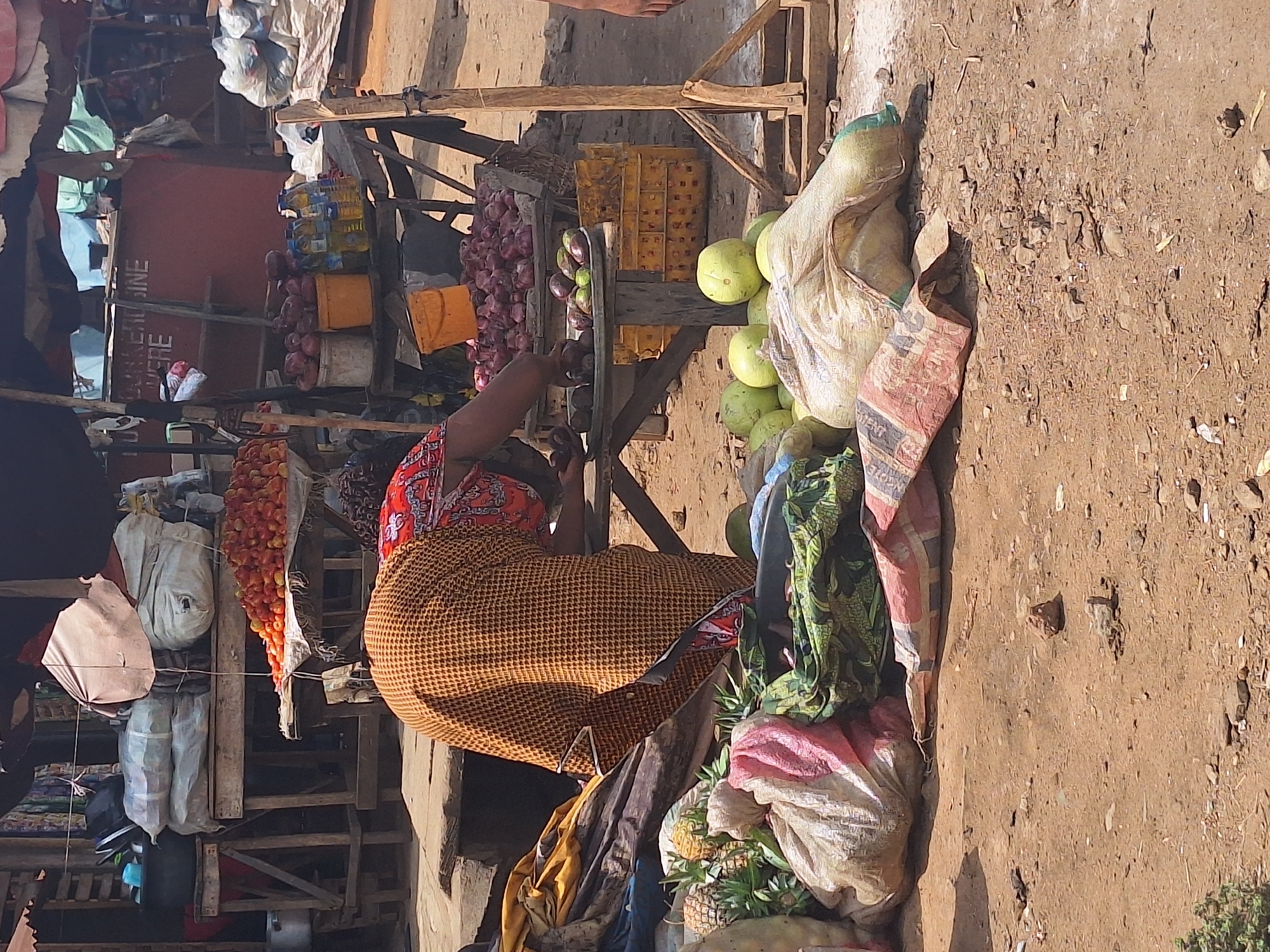 The scene depicts a vendor in Sabon Tasha, Nigeria, seated behind a wooden stall piled with produce. The vendor, dressed in a brown patterned cloth and red patterned top, is seen near a display of red onions and green fruit. To the side are bags filled with produce, including pineapples and a cloth-wrapped bundle of green vegetables. Behind the vendor, there's a display of red tomatoes or peppers. The stall itself is constructed of rough wood. The ground is dirt and debris, typical of an outdoor market environment.