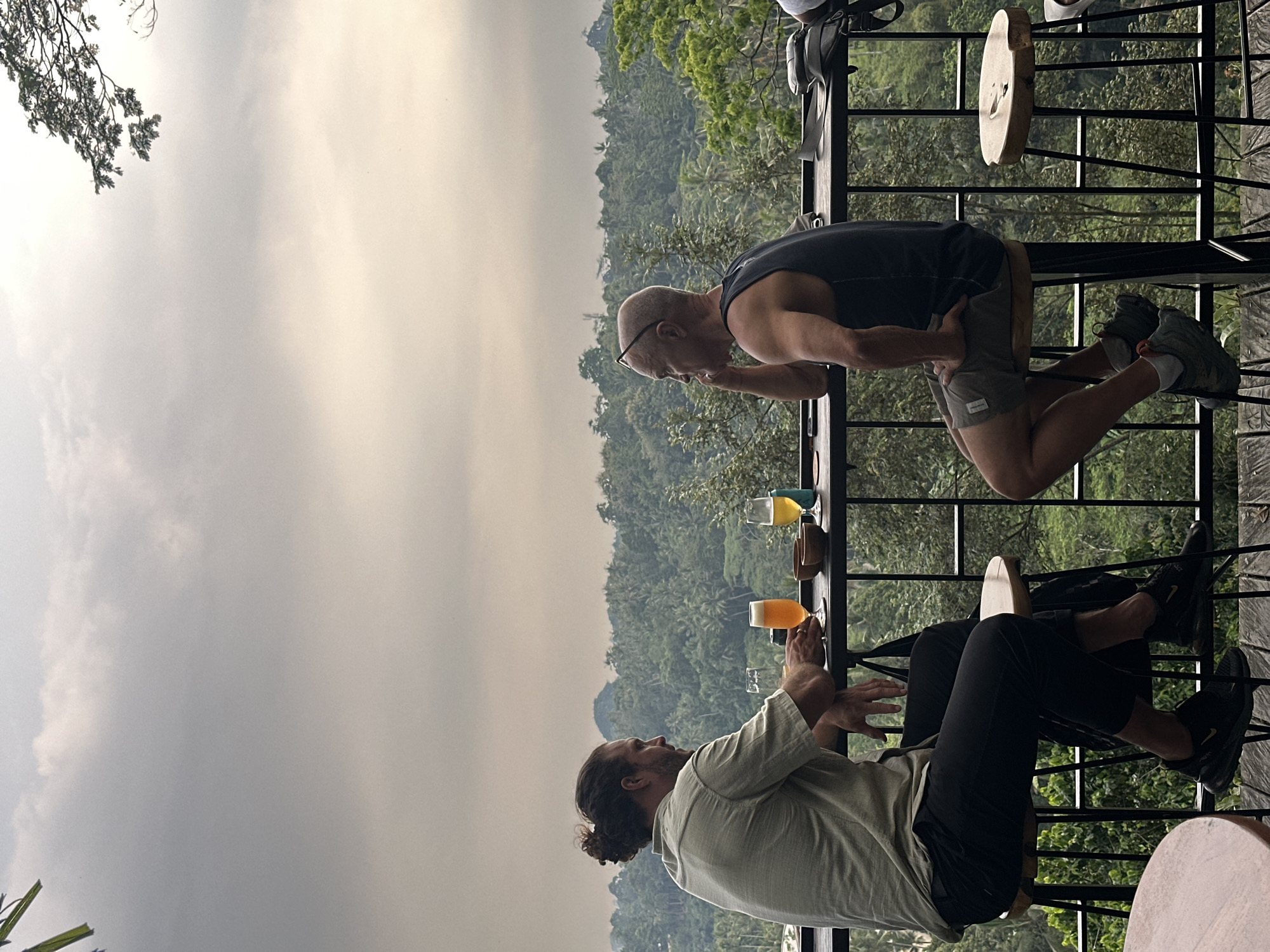In the city of Ubud District, Indonesia, two men are seated at a bar with a balcony overlooking a lush, forested valley under a cloudy sky. The man on the left, with his hair in a bun, wears a light-colored short-sleeved shirt and dark pants. He is looking towards the right, with his forearms resting on the bar. Before him are two glasses of amber liquid and two small wooden bowls. The man on the right, wearing a dark tank top and shorts, has his elbow on the bar and his chin resting on his hand, looking to the left. He also has a glass of amber liquid in front of him. The bar is made of dark wood, and the stools are wooden with metal legs. The balcony has a black metal railing. The background is filled with dense green foliage and trees, characteristic of a tropical environment.