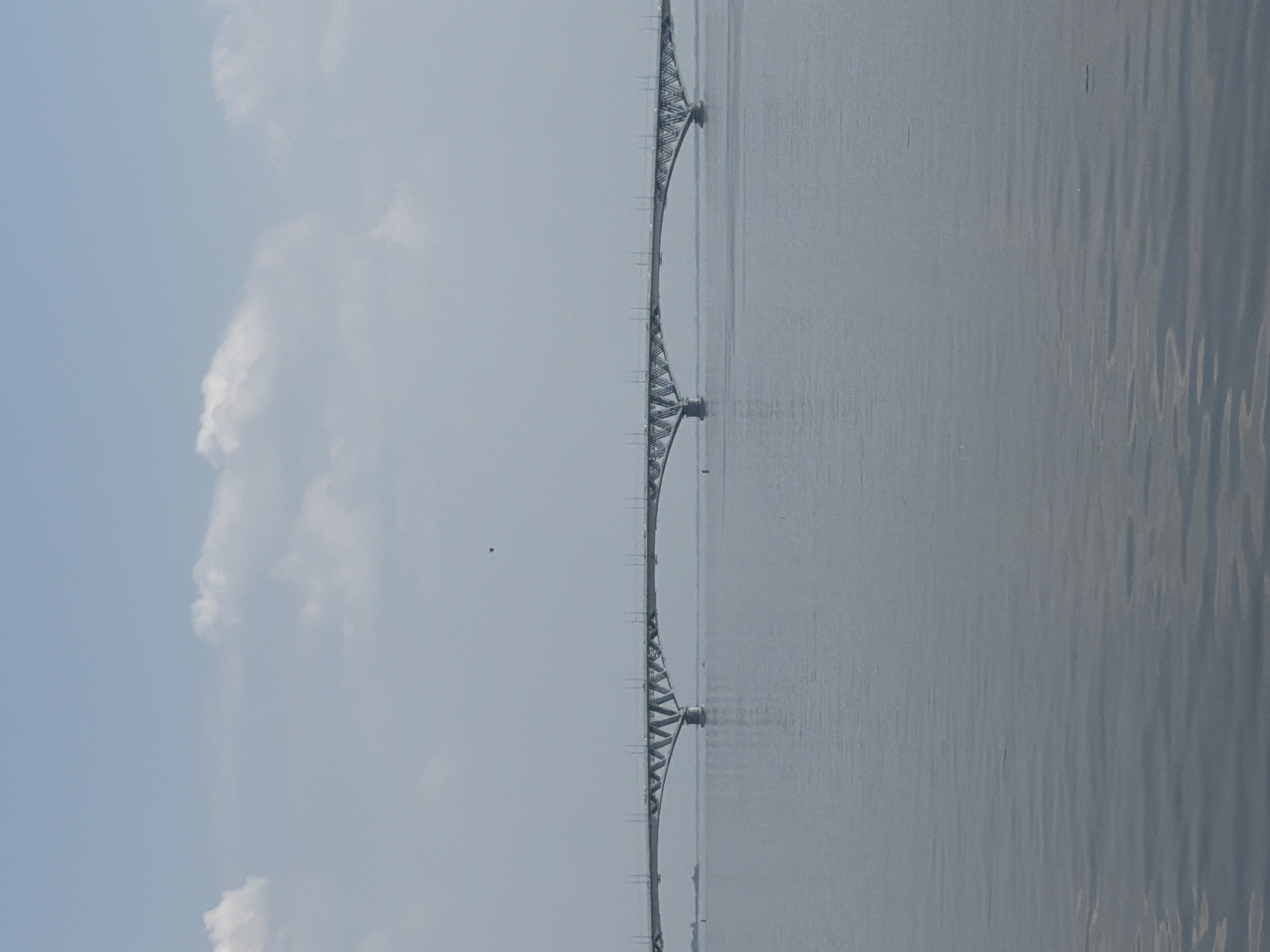 The image depicts a bridge over water, most likely the Saratov Bridge spanning the Volga River in Saratov, Russia. The bridge is a long structure supported by multiple pillars and appears to be constructed of steel. The water is calm and reflects the sky, which is partly cloudy. A small dark spot, potentially a bird, can be seen near the bridge. The image appears to have been taken on a hazy day.