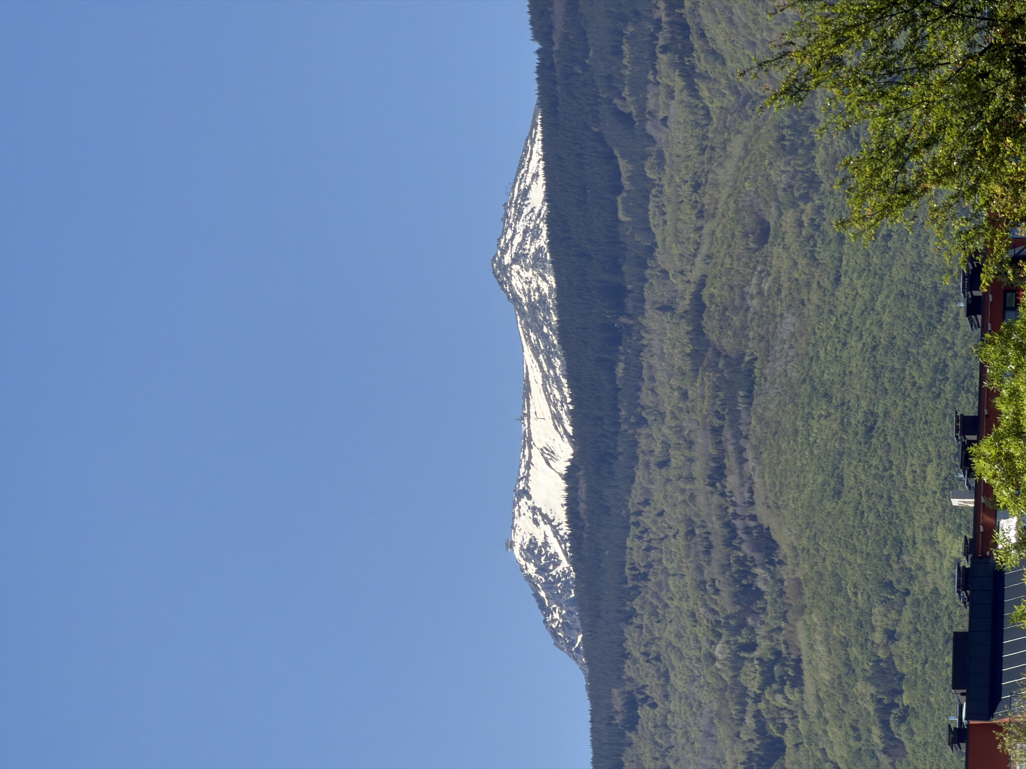 The image shows a mountain range partly covered with snow, viewed against a clear blue sky. The right side of the image includes a forested area transitioning to the base of the mountain. A building with a modern architectural design, featuring dark colors and geometric lines, appears on the bottom-right. The presence of a building structure suggests the location is urban or near an urban area. The image likely portrays Vitosha Mountain, as this is a prominent mountain range visible from Sofia, Bulgaria, and fits the described characteristics of a mountain near an urban environment with snow patches and forestation.