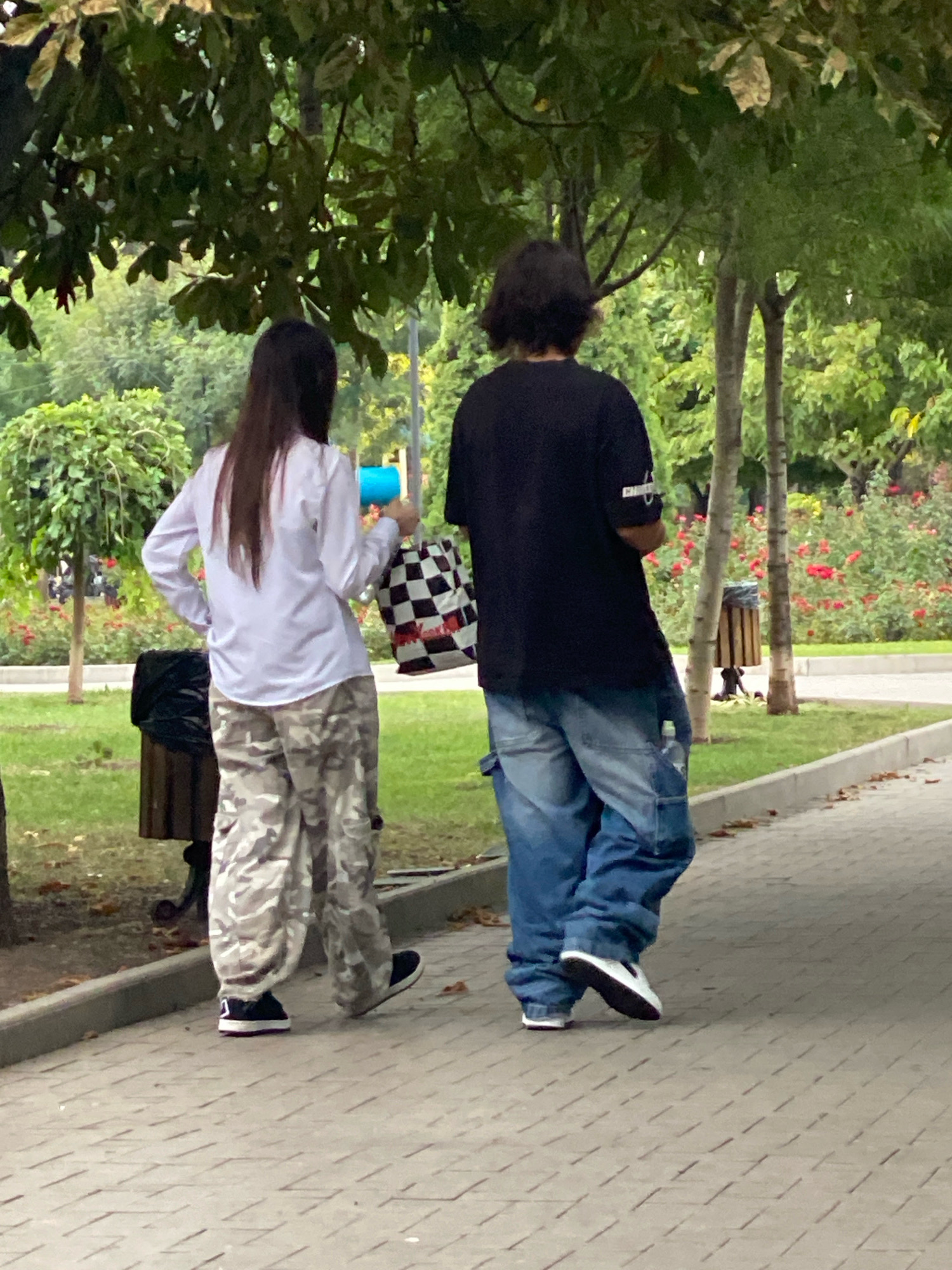Two individuals are walking away from the camera on a paved walkway in a park setting. The person on the left is wearing a long-sleeved white shirt, camouflage-patterned pants, and dark sneakers. They are carrying a checkered tote bag in their right hand. The person on the right is wearing a black t-shirt, baggy blue jeans, and dark sneakers. They have dark, medium-length hair. The background features mature trees with green foliage, rose bushes with red flowers, and grass. A trash receptacle is visible to the left of the walkway. The overall scene depicts a casual outdoor activity in a public park. The location is identified as Chișinău, Moldova.