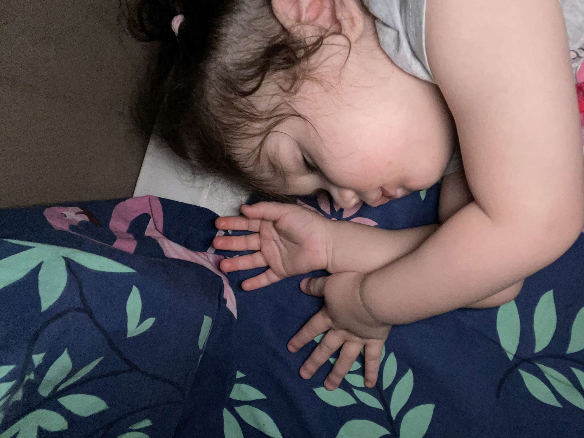 A young child is sleeping on a bed. The child is lying on their side with their hands near their face. The bedding has a blue background with a leaf pattern. The child has dark curly hair. The location is not discernible from the image.