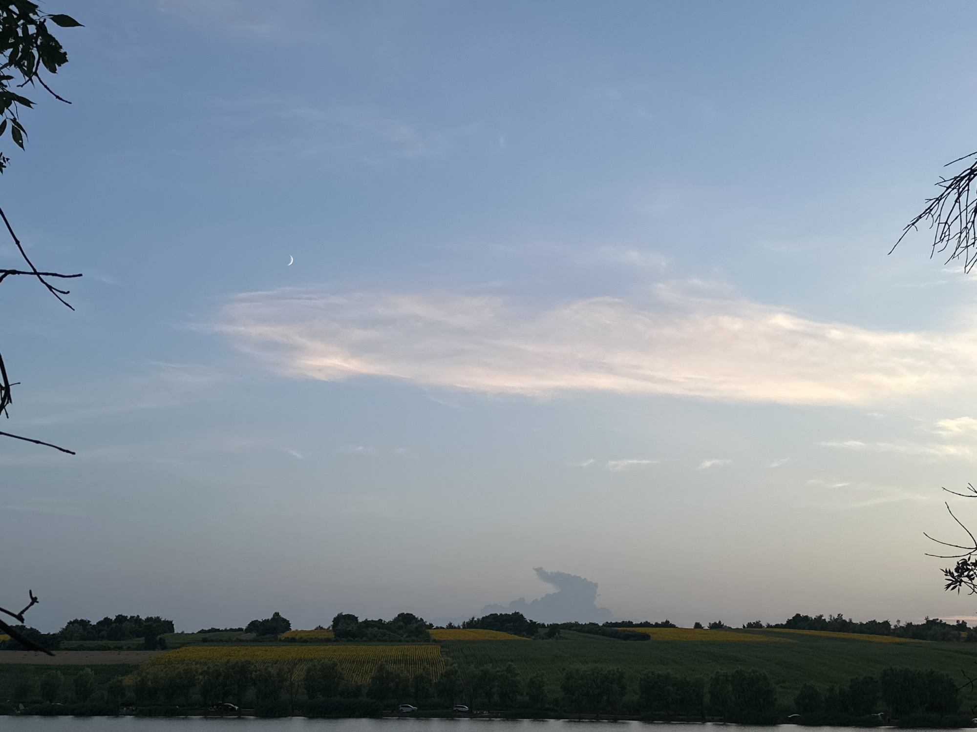 The image depicts a serene landscape scene, possibly taken at dusk, in the vicinity of Găleștii Noi, Moldova. The sky is a soft gradient of blue, transitioning to lighter shades near the horizon, with a faint crescent moon visible in the upper left quadrant. Wispy, pale pink and white clouds stretch across the sky.
In the middle ground, rolling hills are covered with lush green vegetation and a field of bright yellow sunflowers. A line of dark green trees forms a border between the fields and the foreground. The foreground is dominated by a body of calm water, reflecting the muted colors of the sky and landscape. On the far bank of the water, a few vehicles are parked, and a boat is visible. The overall impression is one of natural beauty and tranquility.