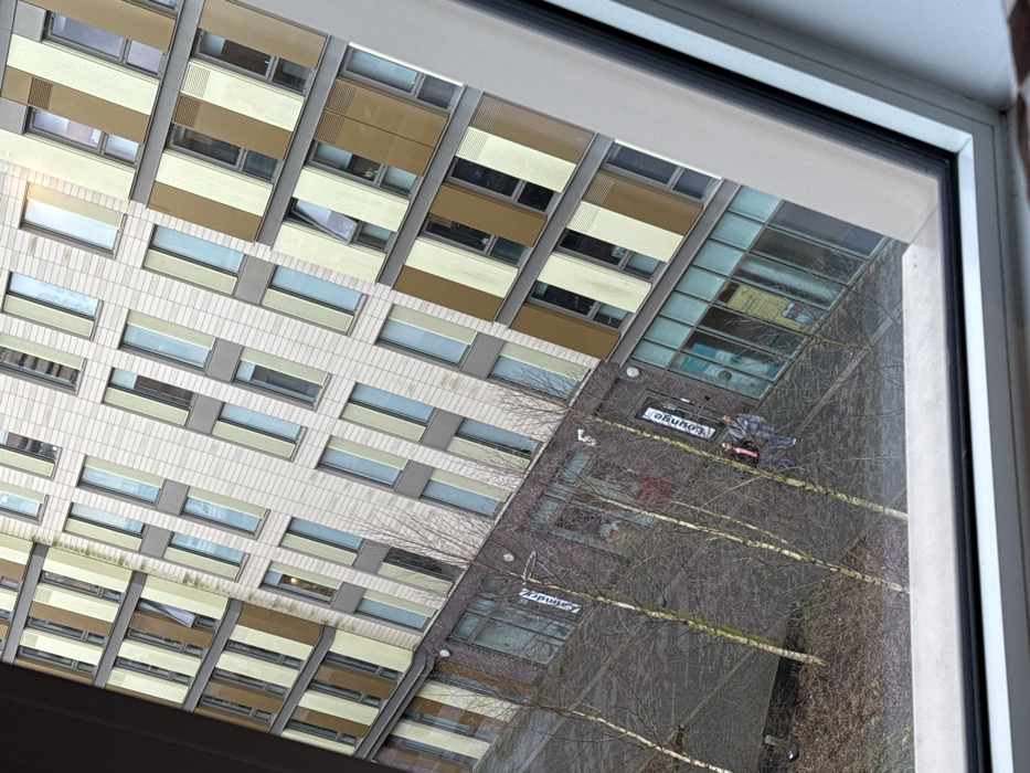 A view from a window shows a tall building opposite. The building has rows of windows, some with beige and brown panels. Below the building is a paved area with bare trees. A sign that reads "Lounge" and another saying "Laundry" are visible. A person, possibly with a luggage cart, walks near the entrance. The sky is not visible. The image is rotated, making the buildings appear slanted.